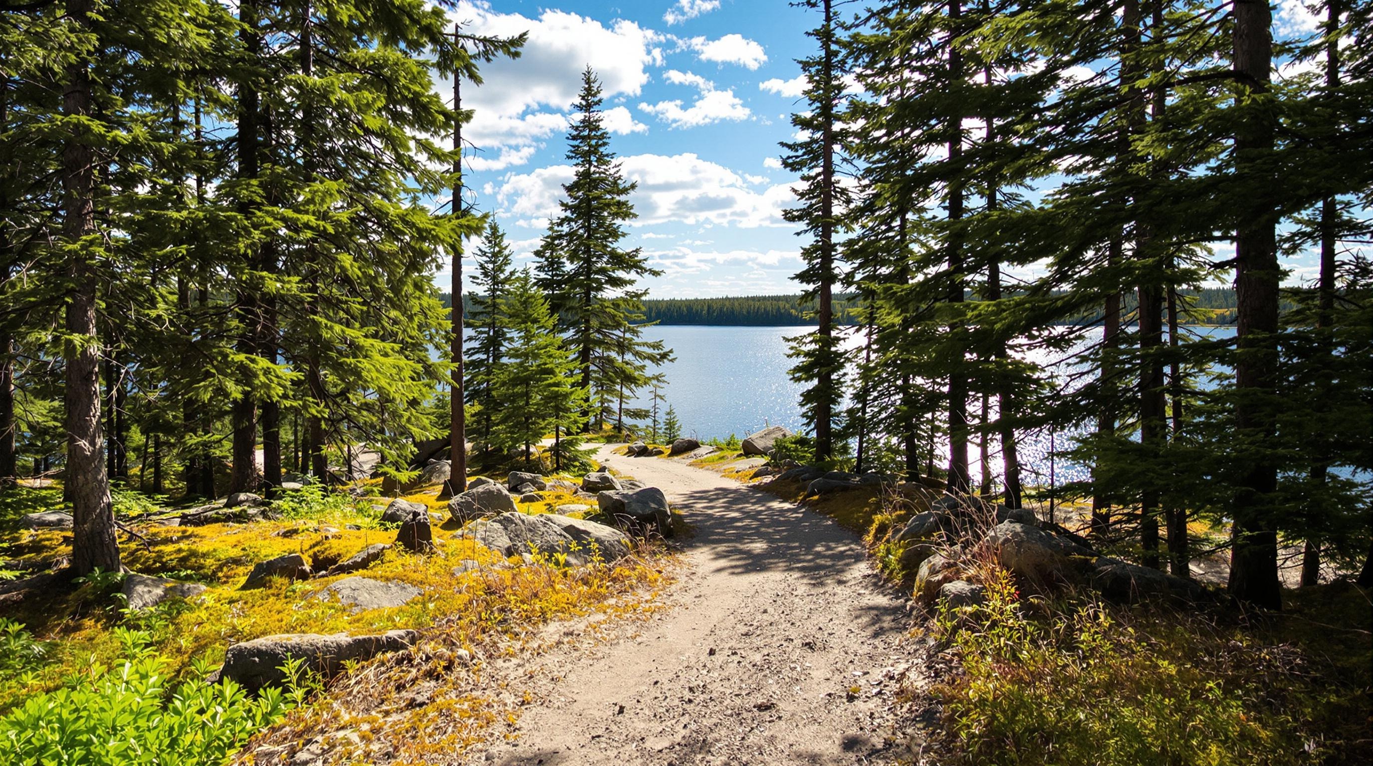 Sentier de randonnée plat dans le Parc national de Nuuksio avec des arbres résineux et de grandes étendues d’eau.
