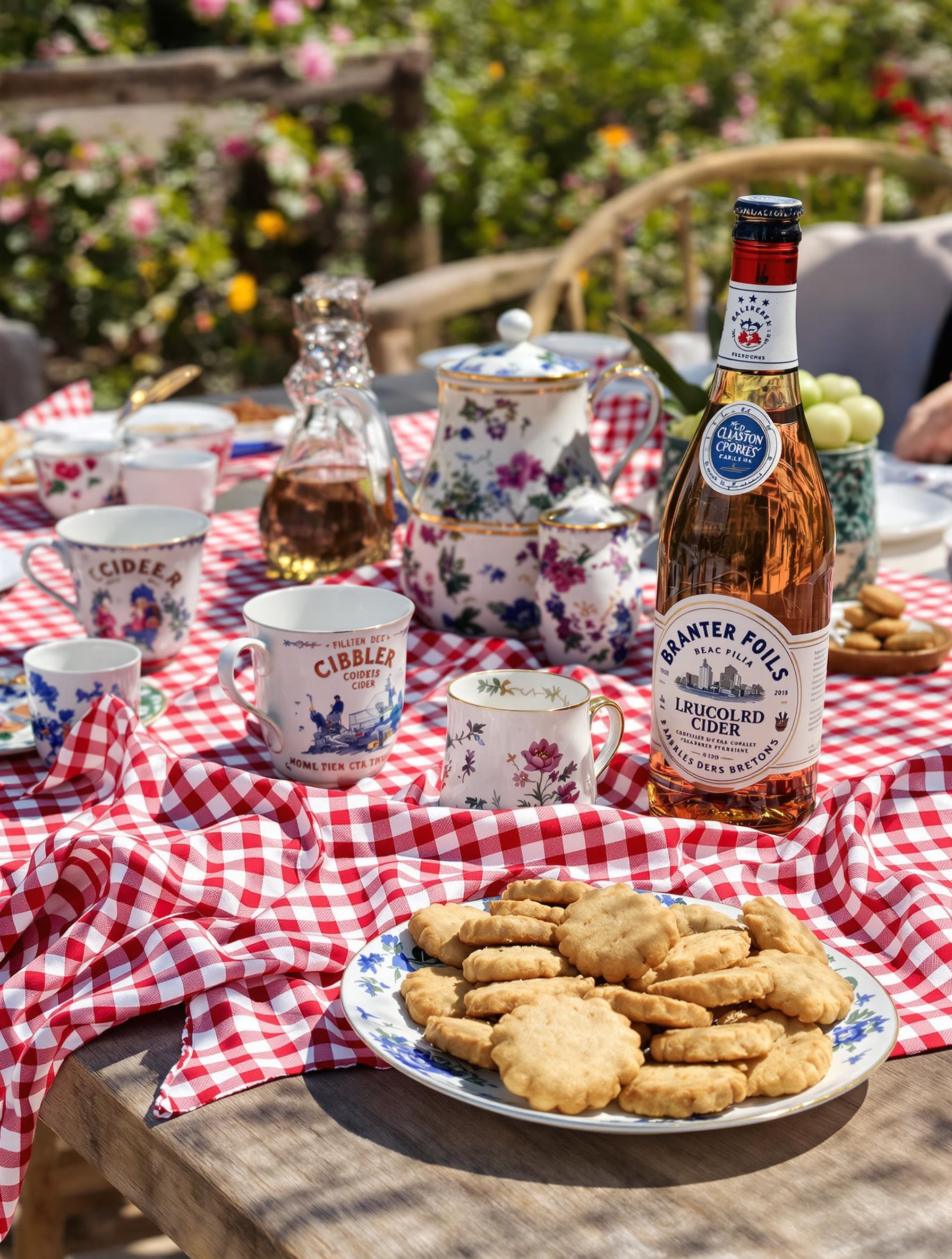Service de thé breton traditionnel avec sablés et cidre artisanal.
