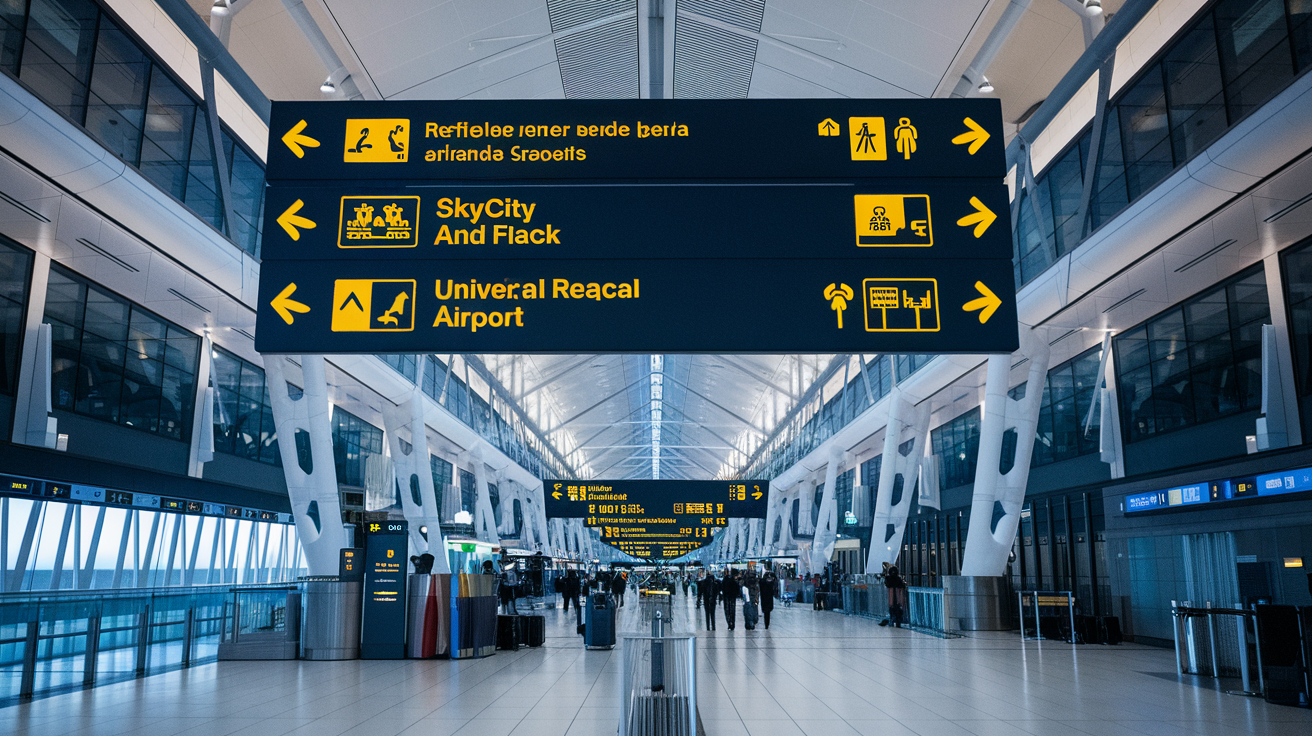 Signalétique claire et lumineuse à l'intérieur de l'aéroport d'Arlanda, indiquant la direction du SkyCity et des différents terminaux pour guider efficacement les voyageurs.