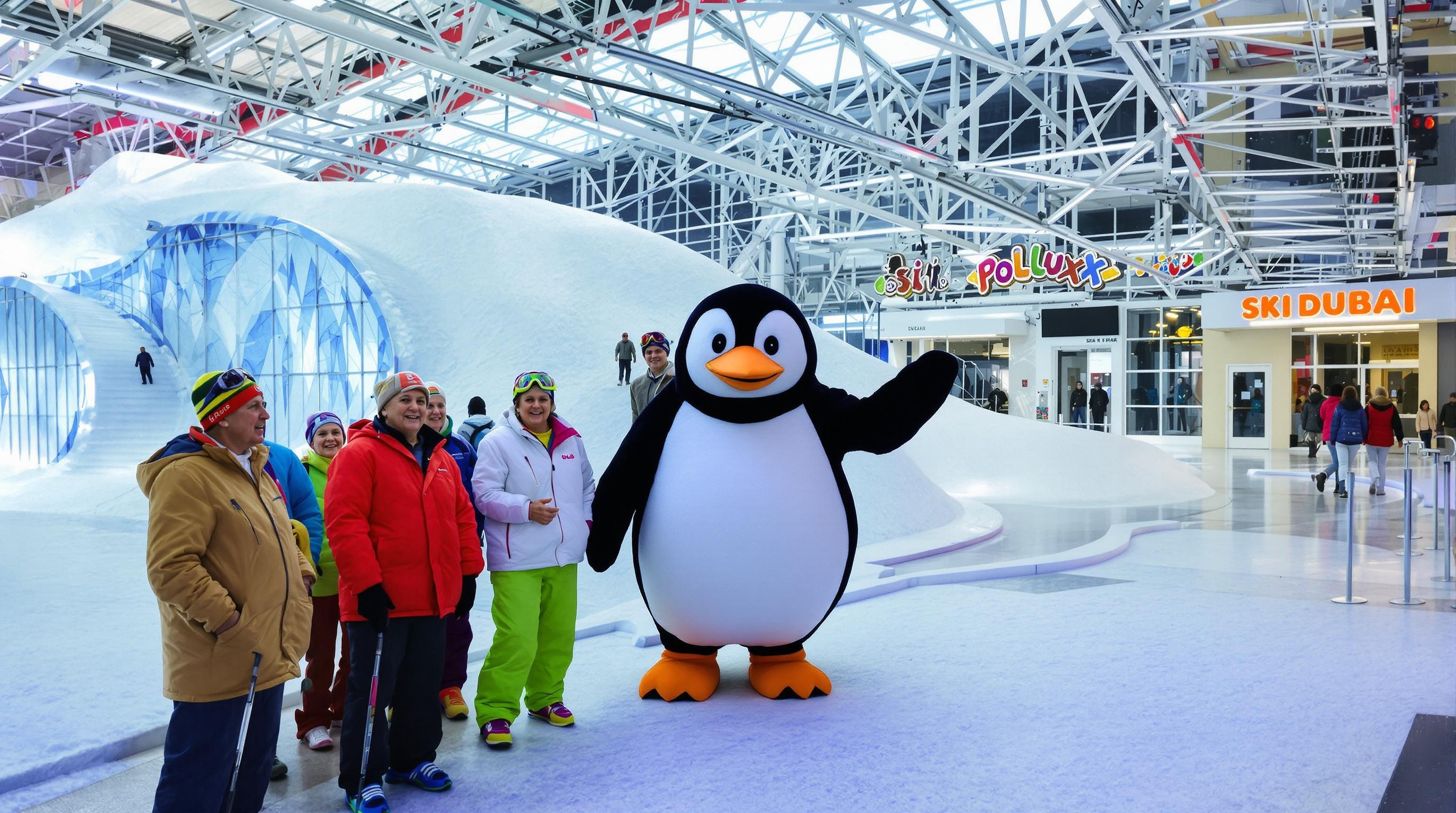 Vue intérieure de Ski Dubai avec piste et télésiège, seniors en tenue.