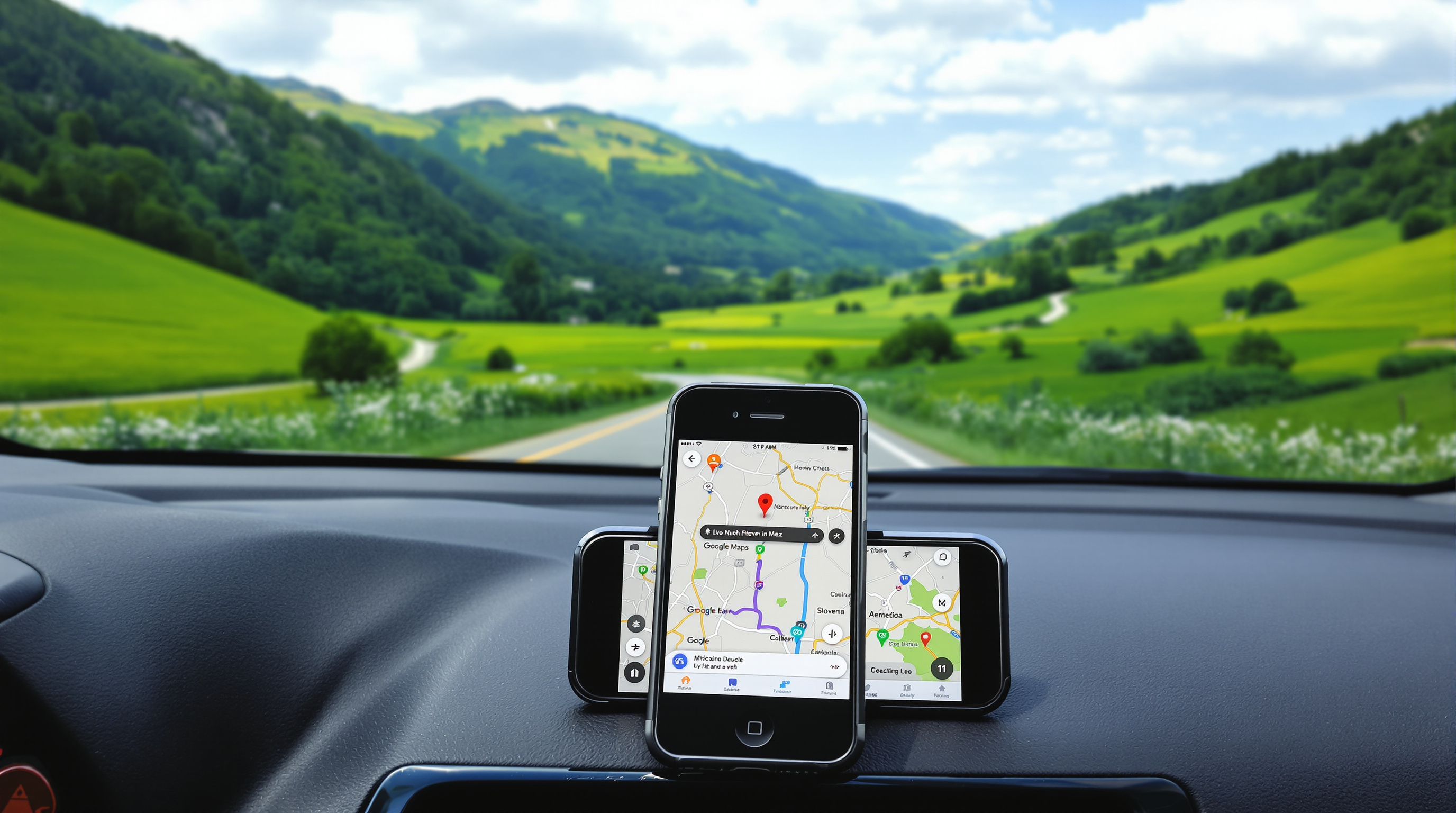 Un smartphone avec une application de navigation affichée (type Google Maps), posé sur le siège passager d'une voiture. À travers le pare-brise, on aperçoit une route de campagne slovène sinueuse et verdoyante.