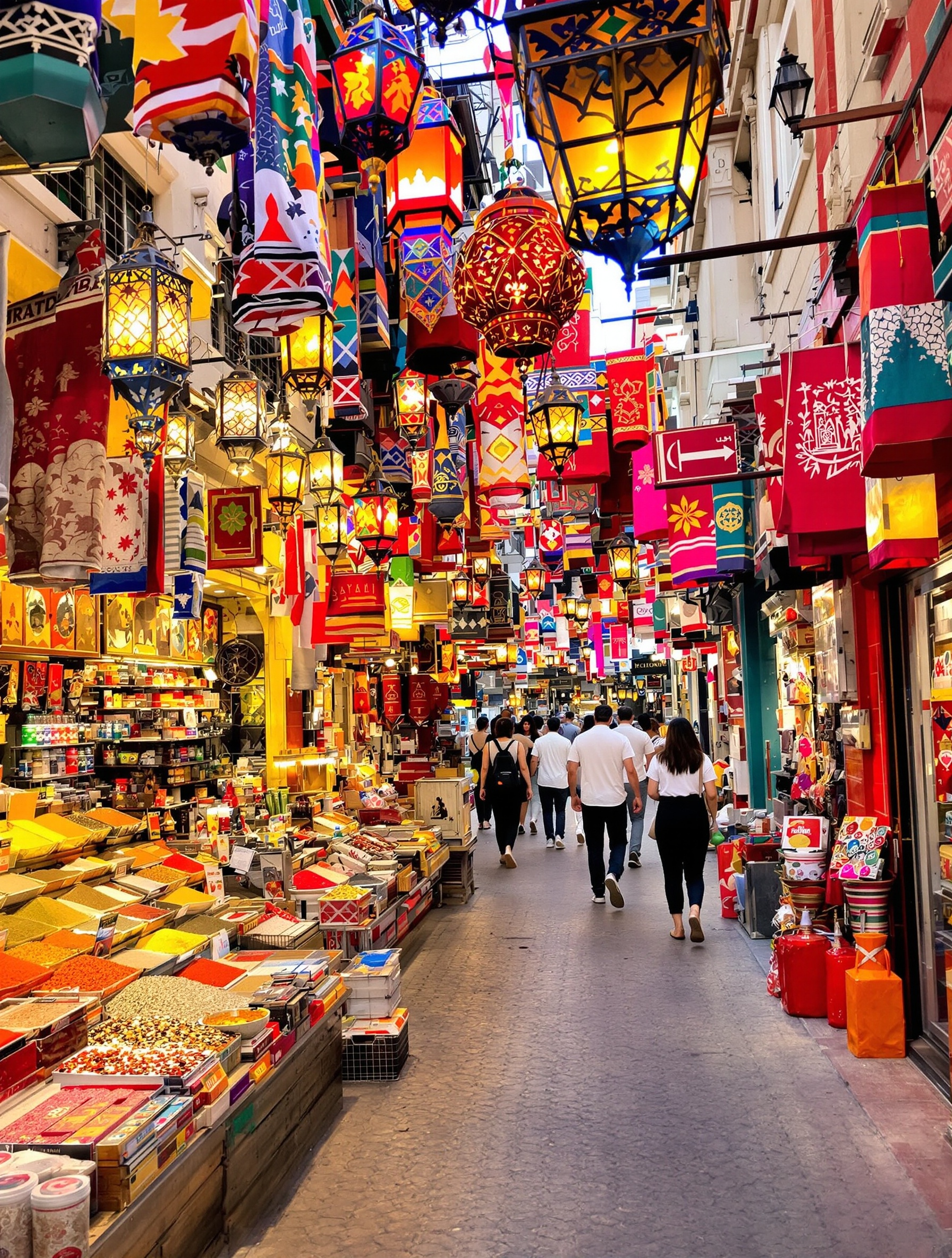 Allée animée du Souq Waqif à Doha, lanternes et échoppes colorées