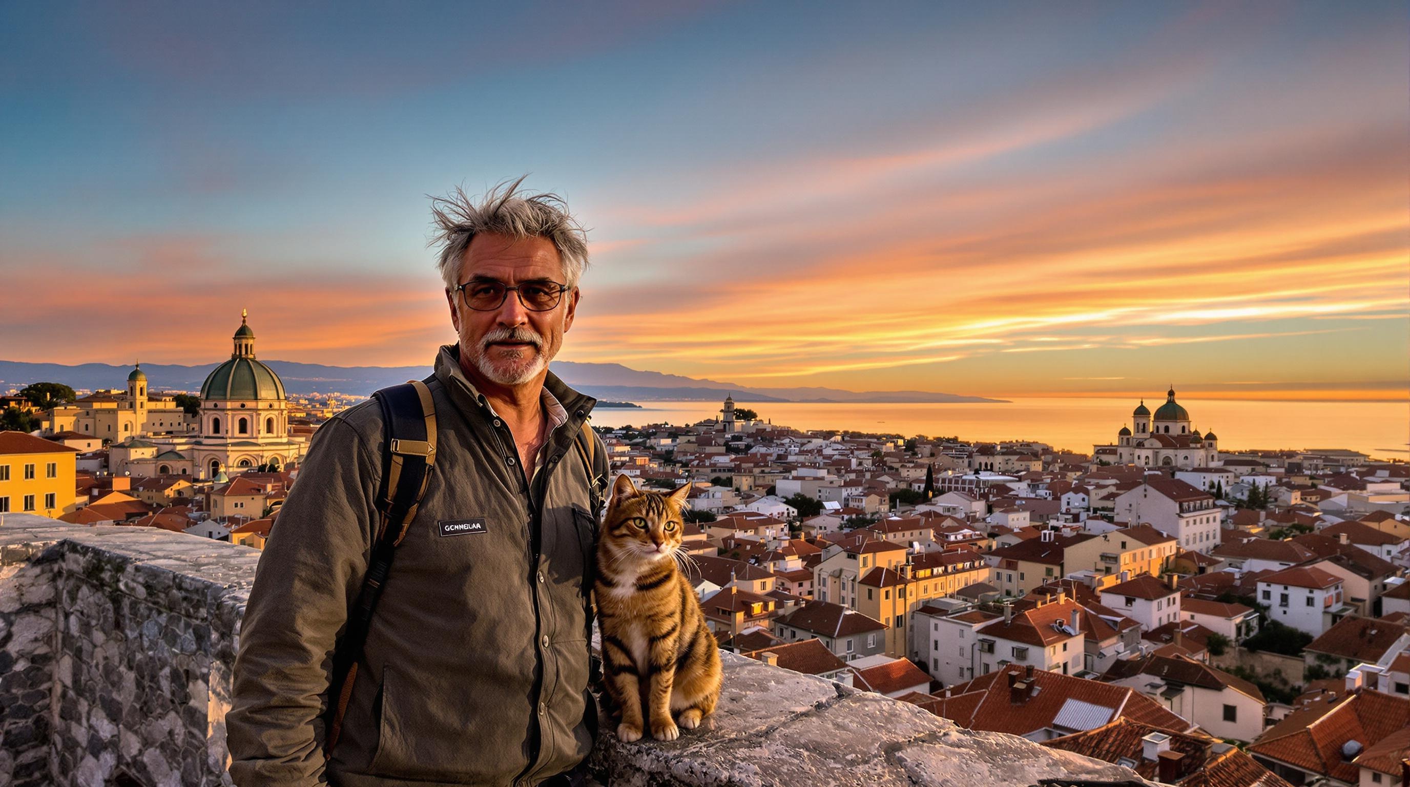 Spianata Castelleto au coucher du soleil, vue sur Gênes, Victor et Polux contemplant le panorama.