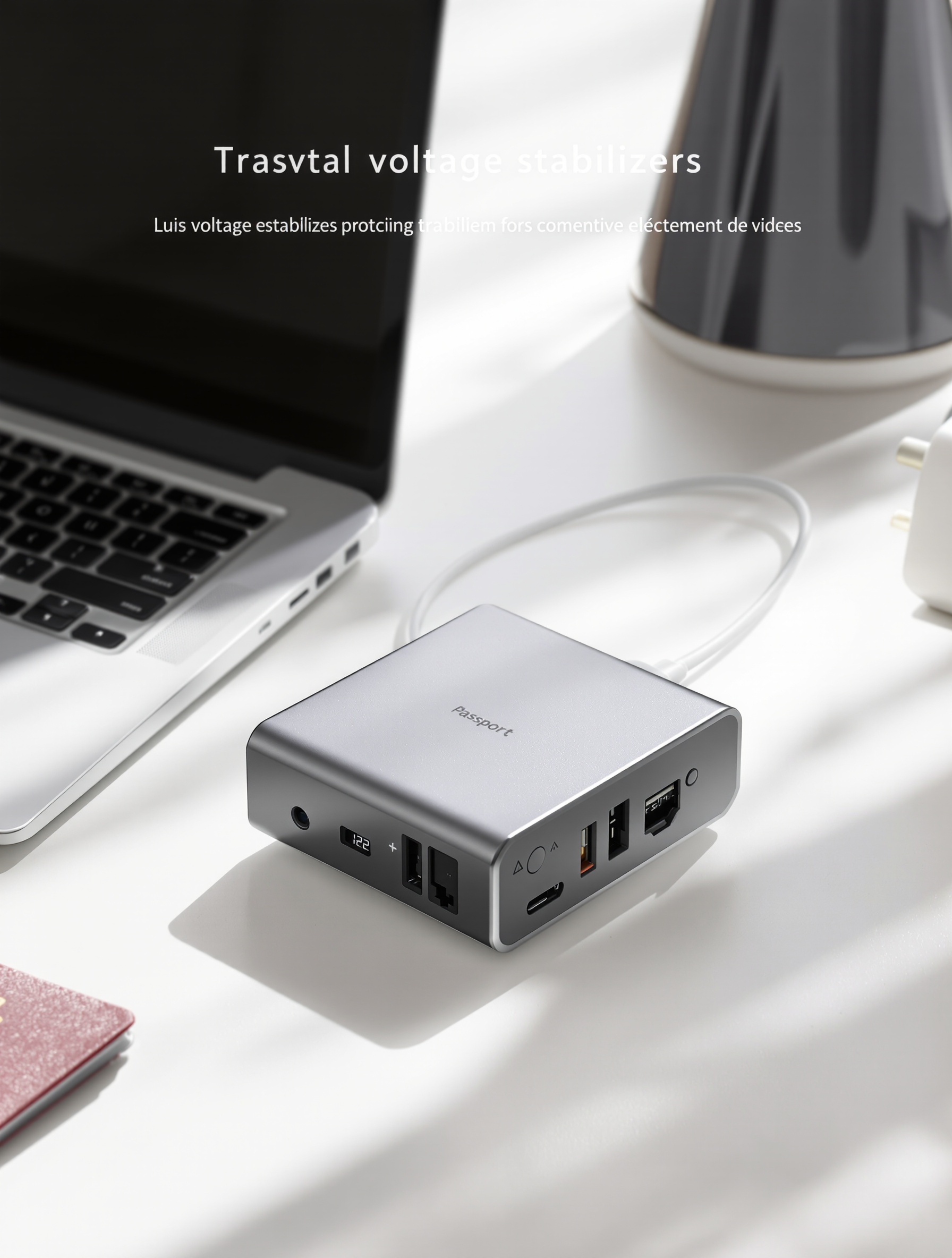 Un petit stabilisateur de tension de voyage, compact et portable, posé à côté d'un ordinateur portable, symbolisant la protection des appareils électroniques sensibles en voyage.