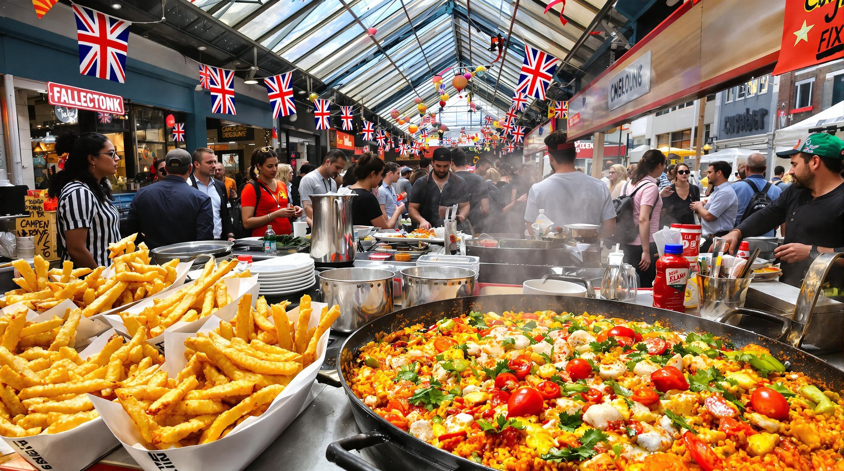 Stand de street food à Camden avec frites halloumi, paella et tacos.