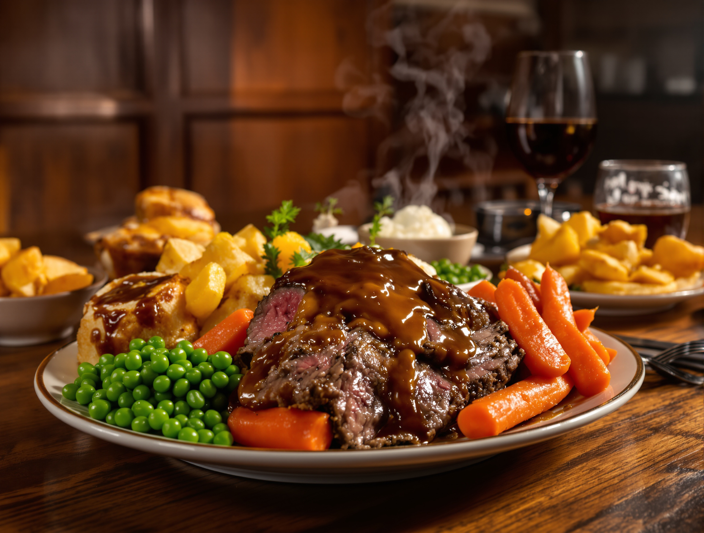 Un plat généreux de Sunday Roast servi dans l’ambiance boisée d’un pub traditionnel londonien.