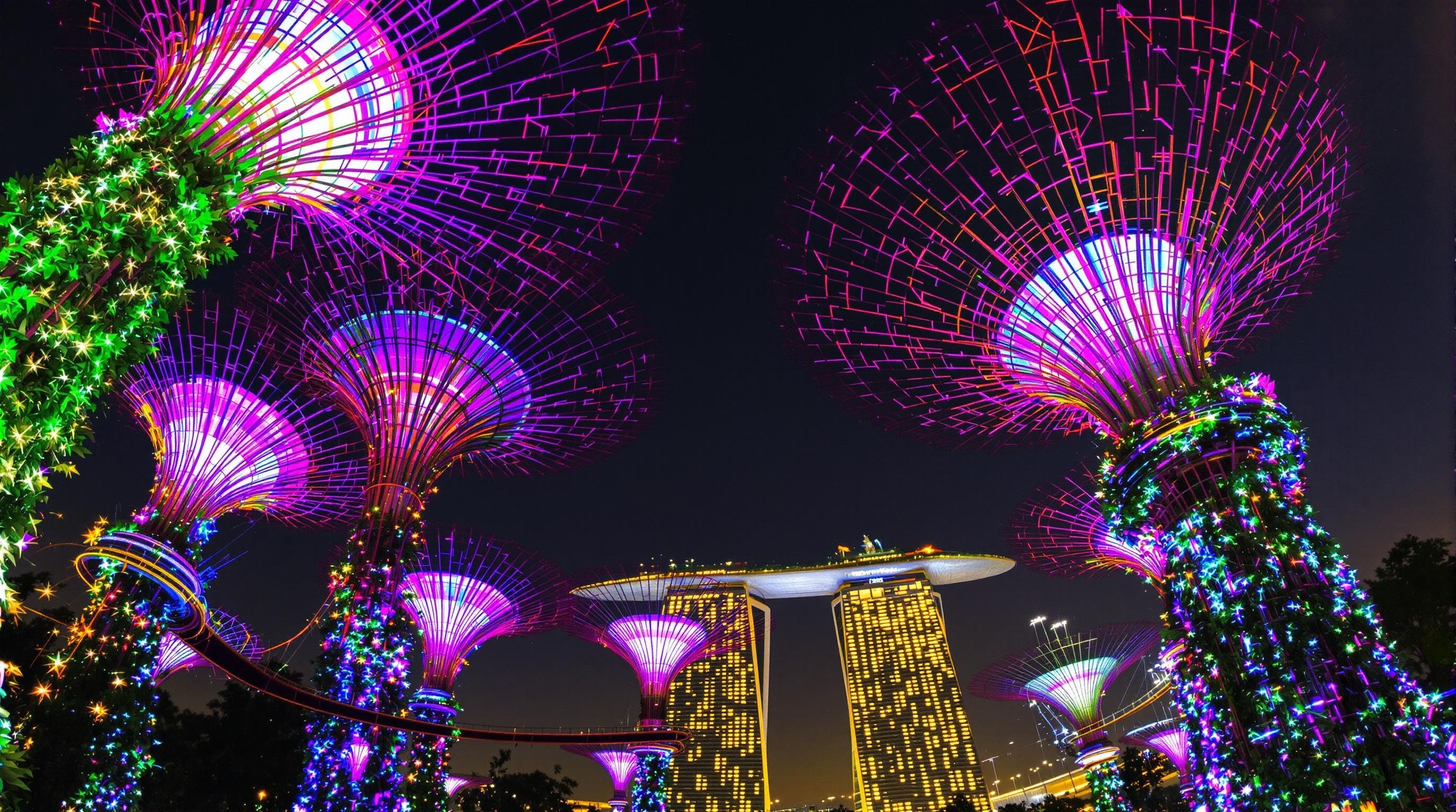 Photo des Supertrees illuminés dans Gardens by the Bay.