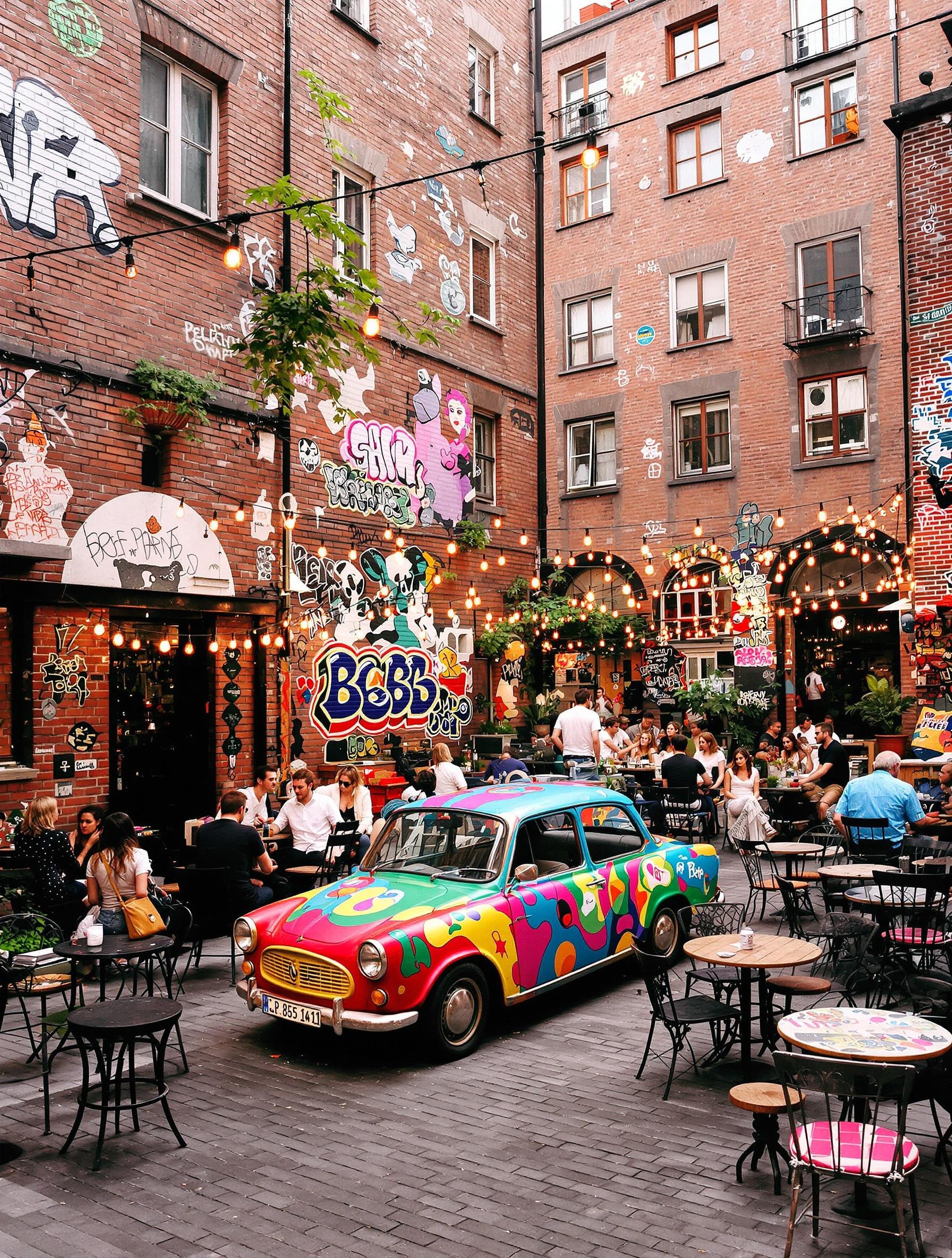 Cour intérieure de Szimpla Kert avec un Trabant ancien repeint en décoration