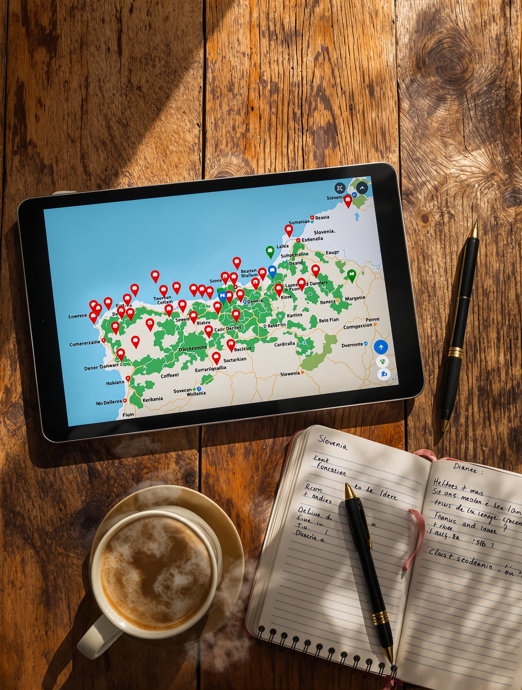 Tablette affichant une carte interactive de la Slovénie avec des épingles colorées. Carnet et café en ambiance planification authentique.