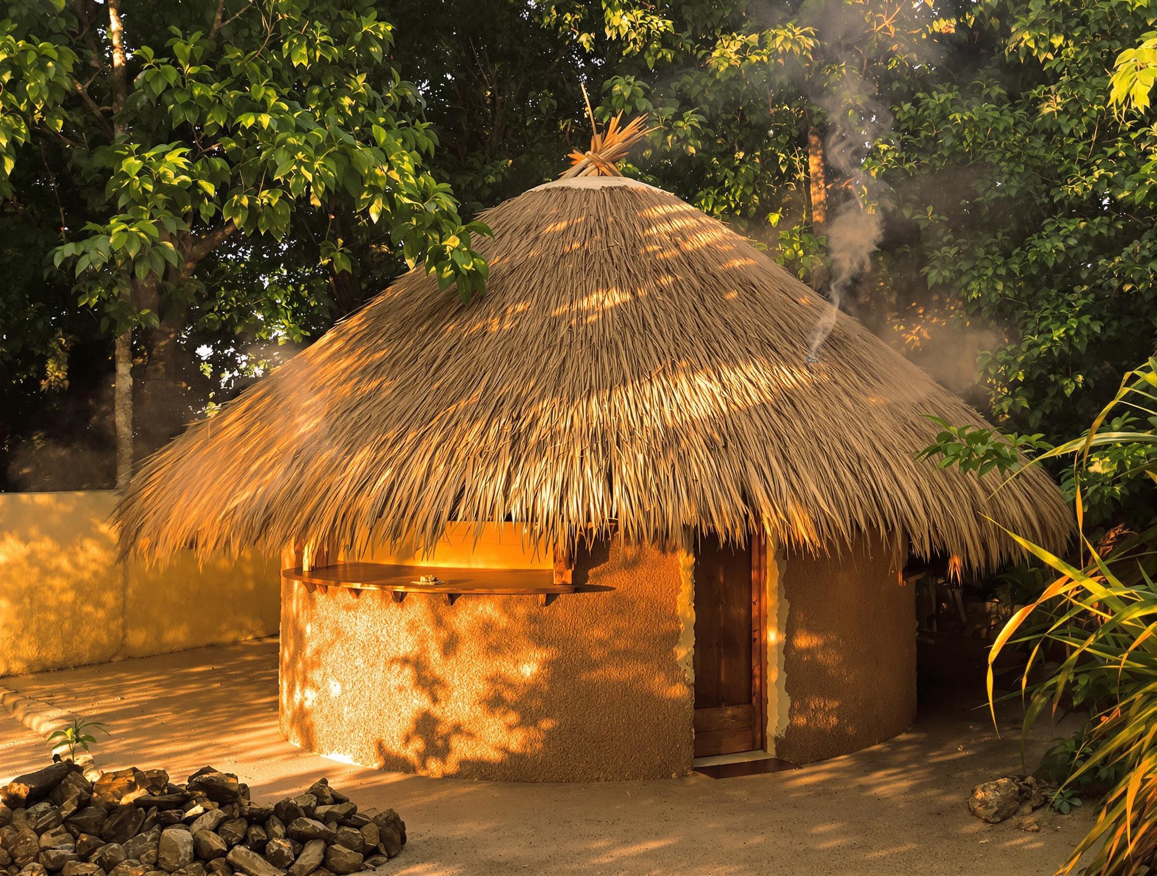 Petite hutte traditionnelle maya en torchis fumant