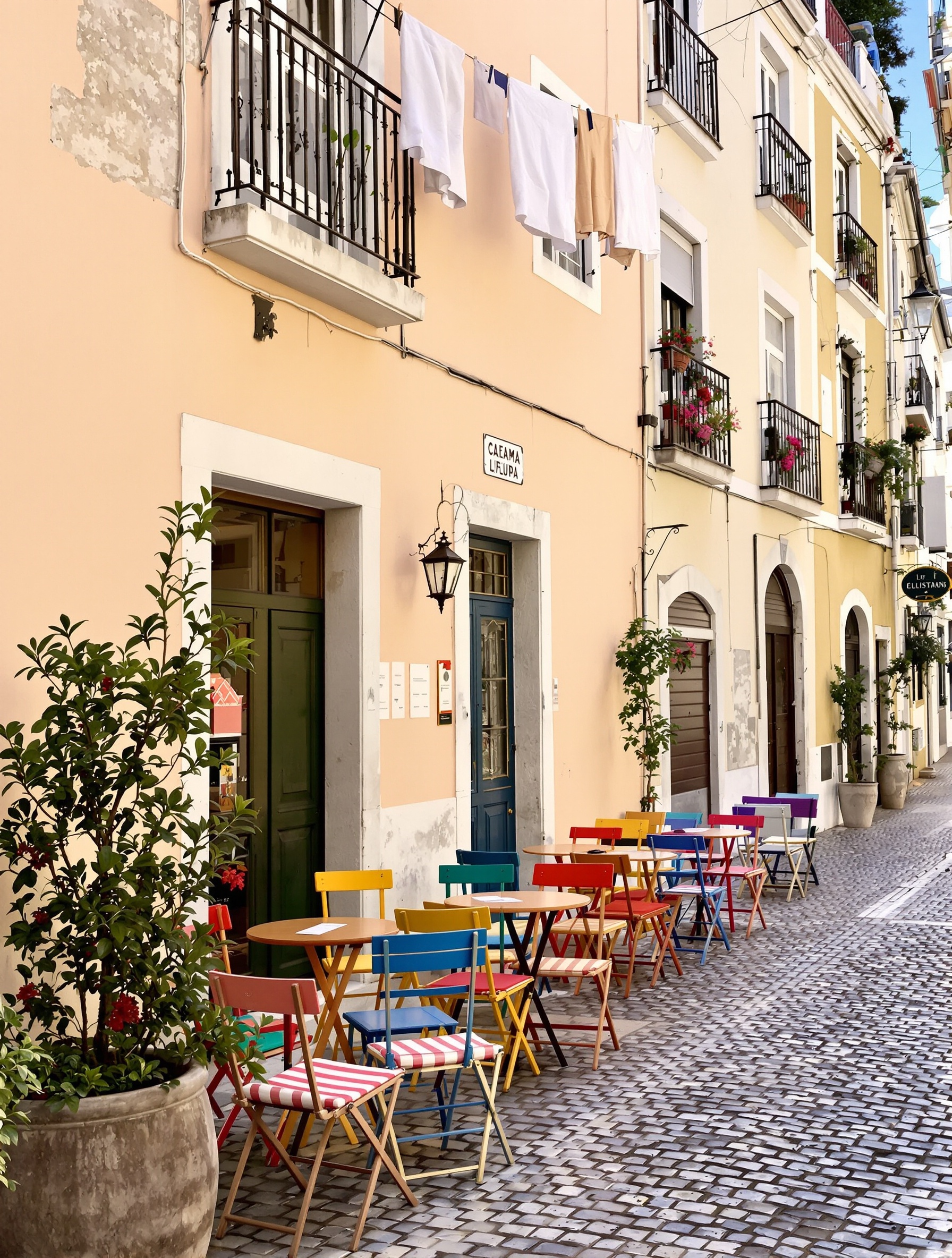 La terrasse simple et charmante d'un petit restaurant typique dans une ruelle de l'Alfama, avec des tables et des chaises colorées.