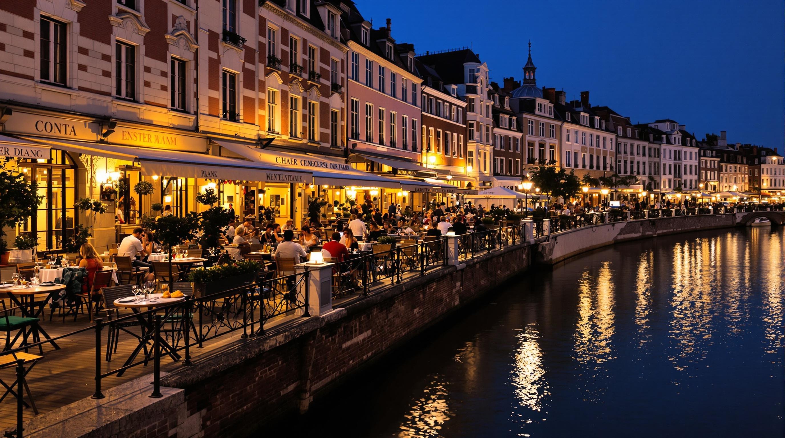 Terrasse d’un restaurant au bord du canal en soirée, éclairage doux des quais.