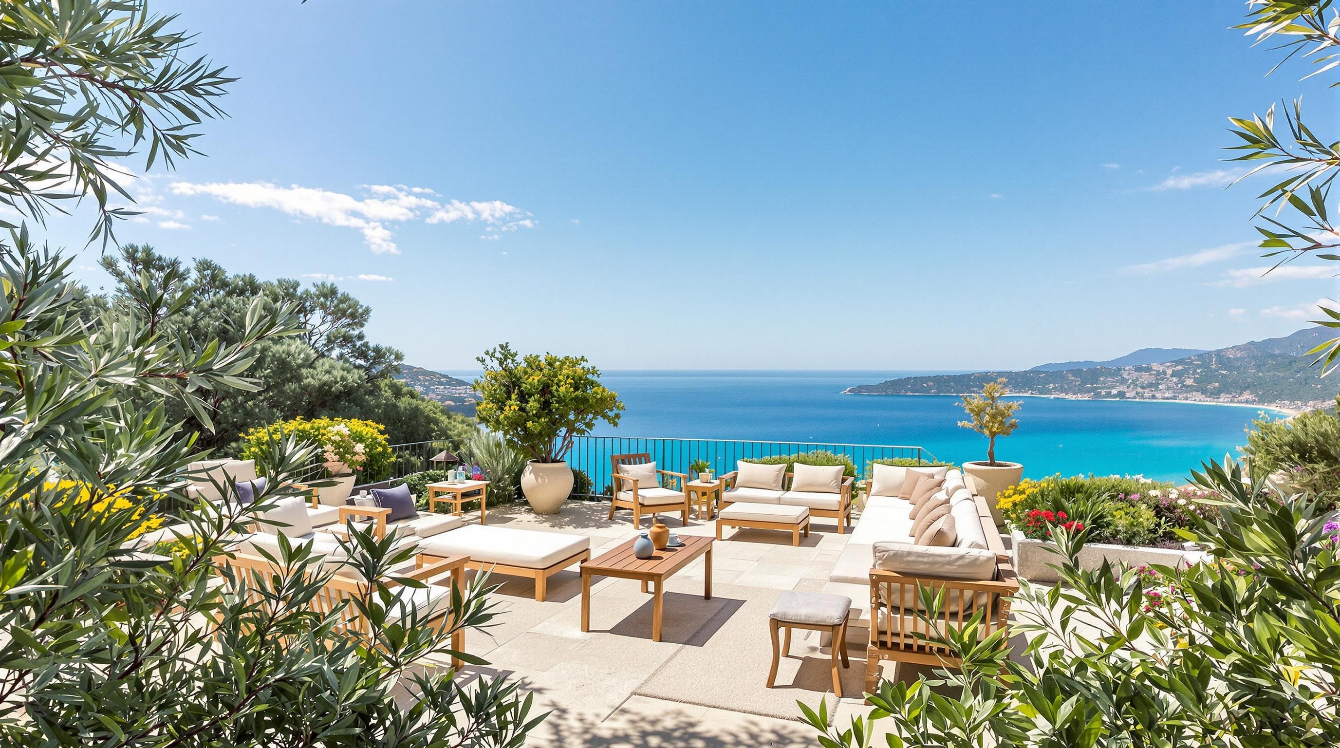 Terrasse cosy d’une villa à Farinole avec vue sur le Golfe de Saint-Florent.
