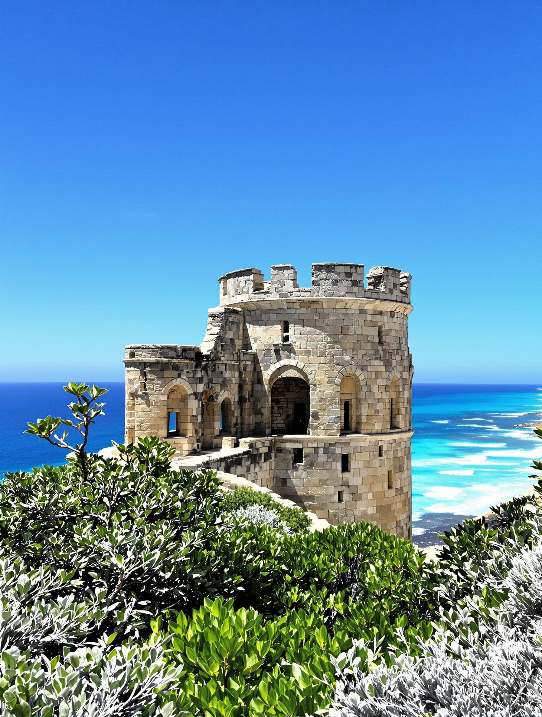 Tour aragonaise historique entourée du maquis méditerranéen avec vue sur La Pelosa.