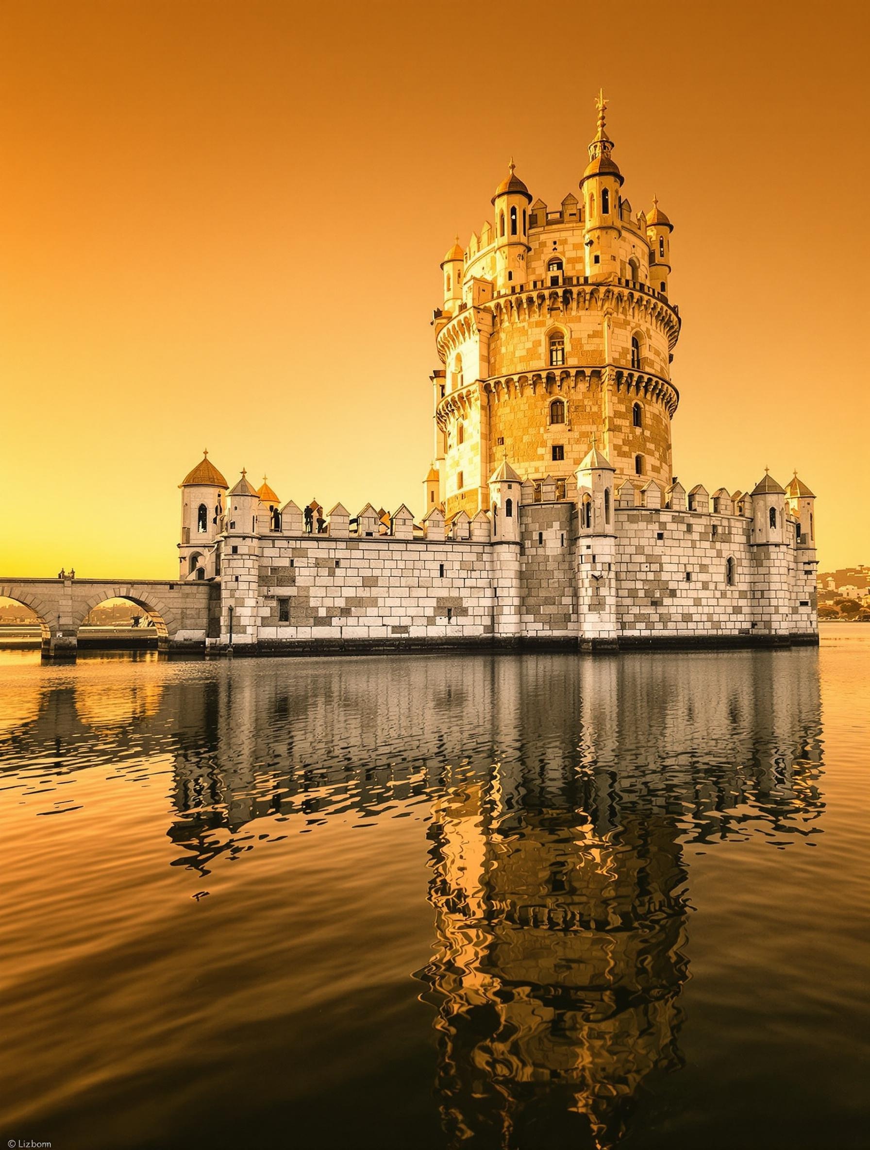 Tour de Belém se reflétant dans le Tage sous une lumière dorée d’après-midi