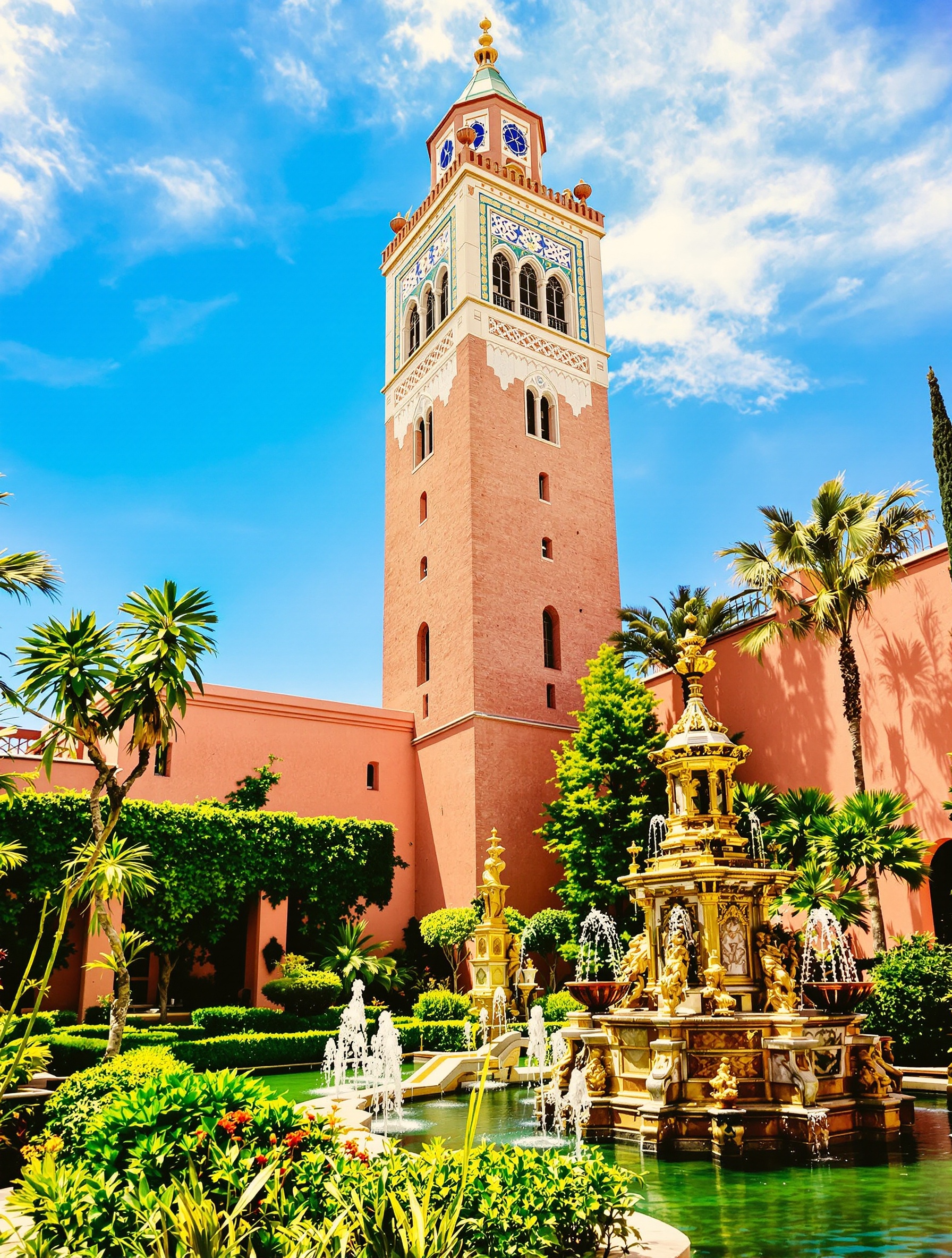 Tour du Jardin Secret Marrakech surplombant jardins verts et fontaines