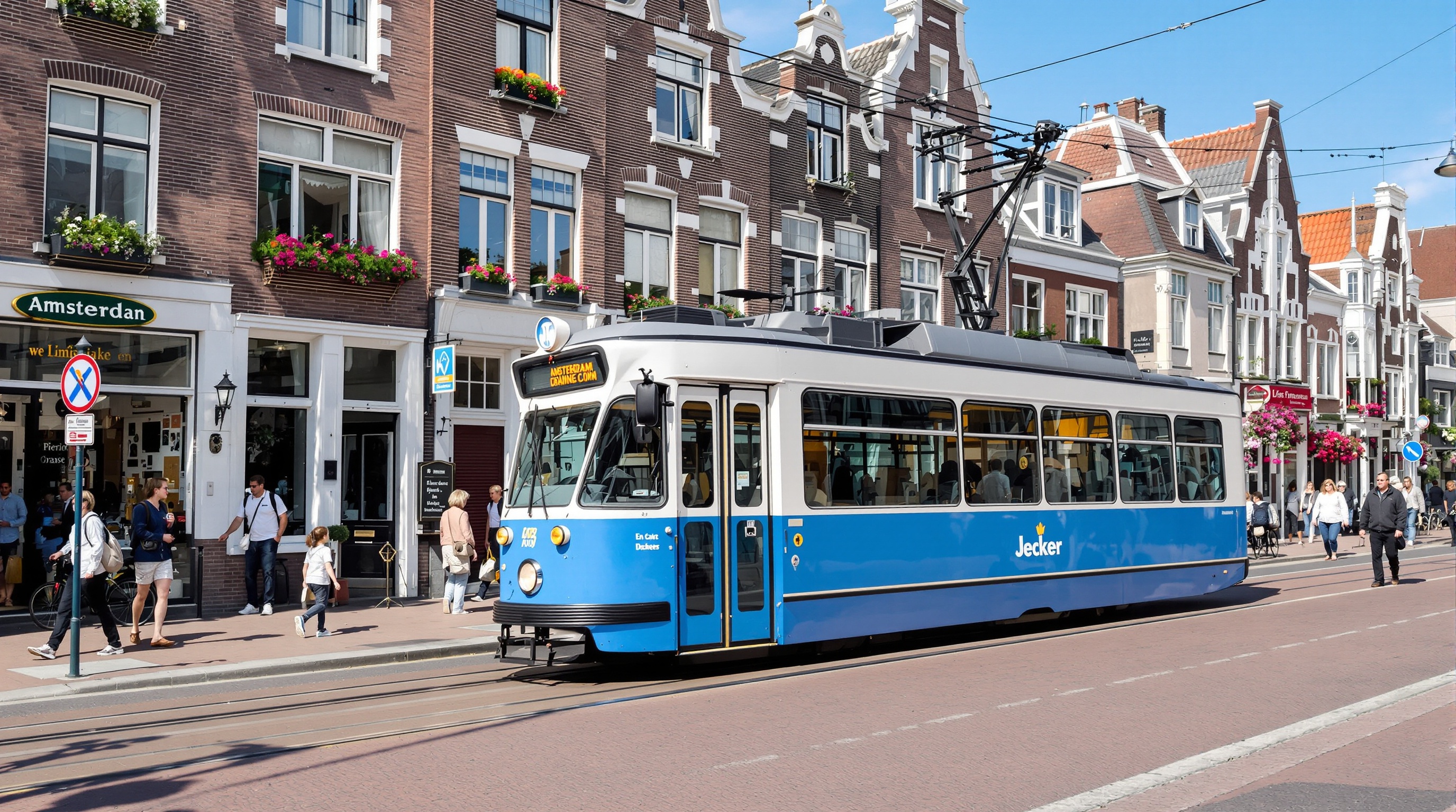 Tramway bleu et blanc typique d'Amsterdam dans un quartier résidentiel animé
