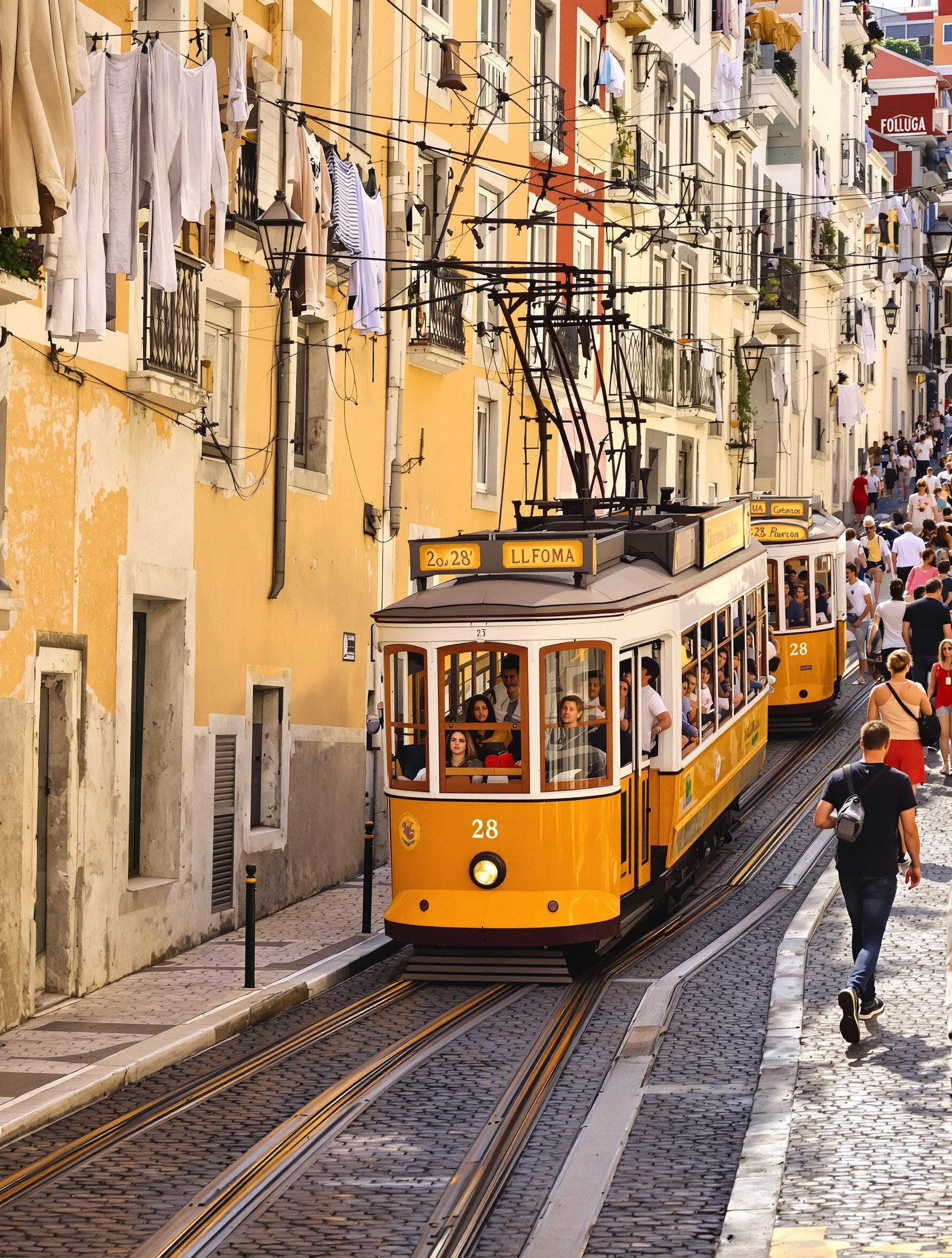 Le fameux tramway jaune 28 de Lisbonne, bondé, grimpant une rue étroite et pavée du quartier de l'Alfama. L'image doit capturer l'ambiance unique mais aussi suggérer la foule.
