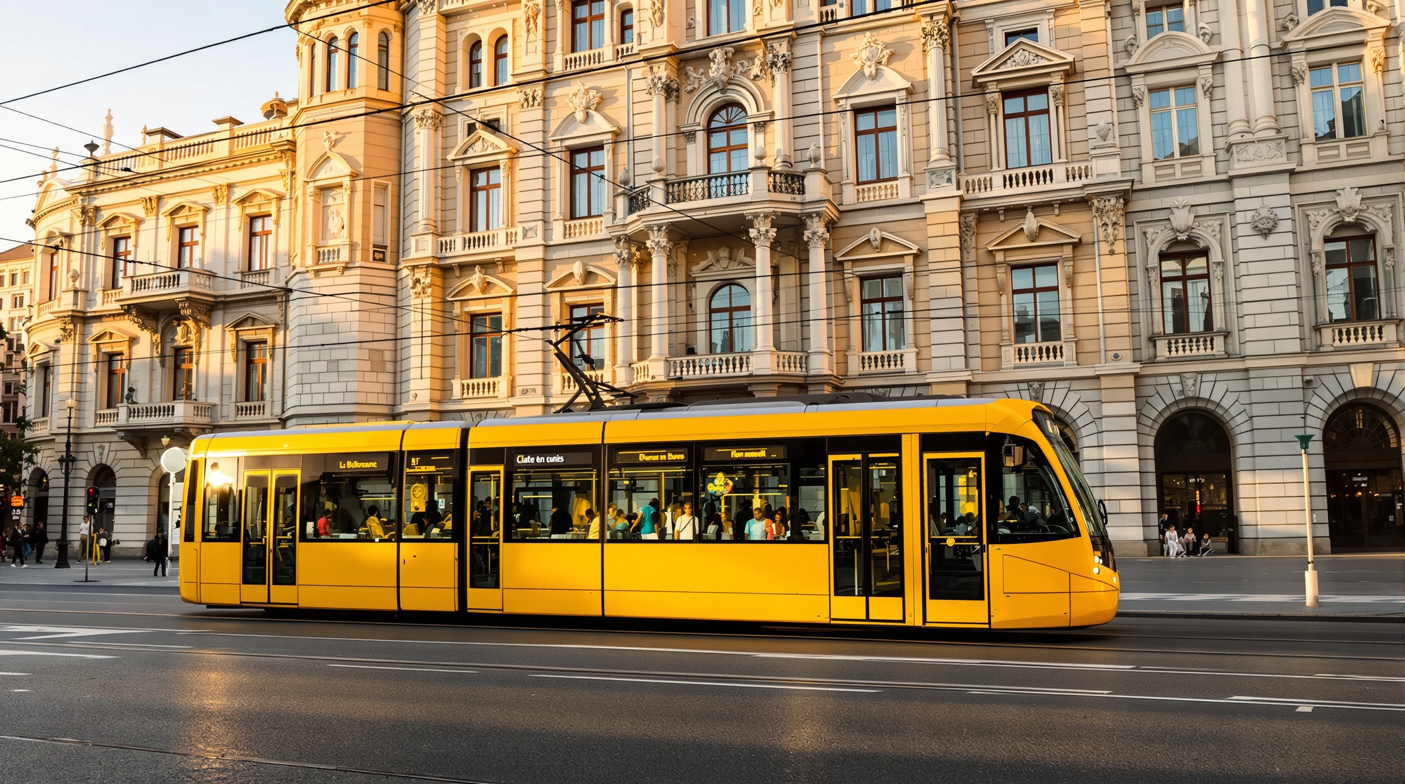 Le fameux tramway jaune de Budapest passant devant un bâtiment historique, symbolisant la facilité de déplacement dans la ville.