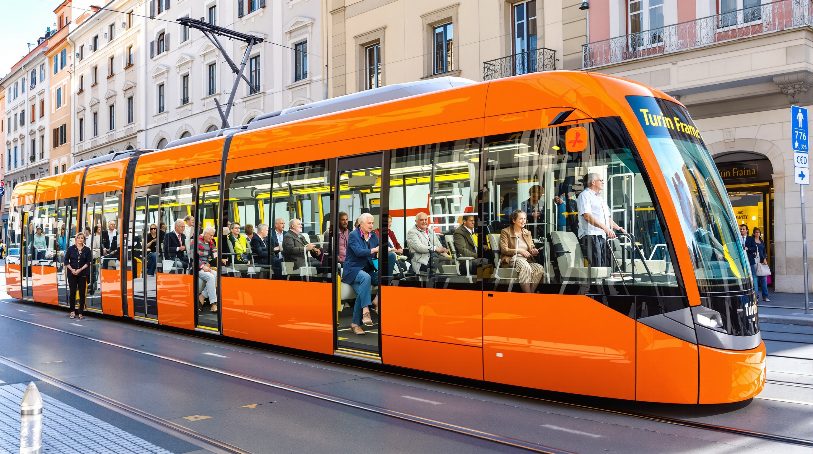 Un tramway moderne et accessible de Turin transportant des passagers, dont plusieurs seniors, illustrant la facilité de déplacement dans la ville.