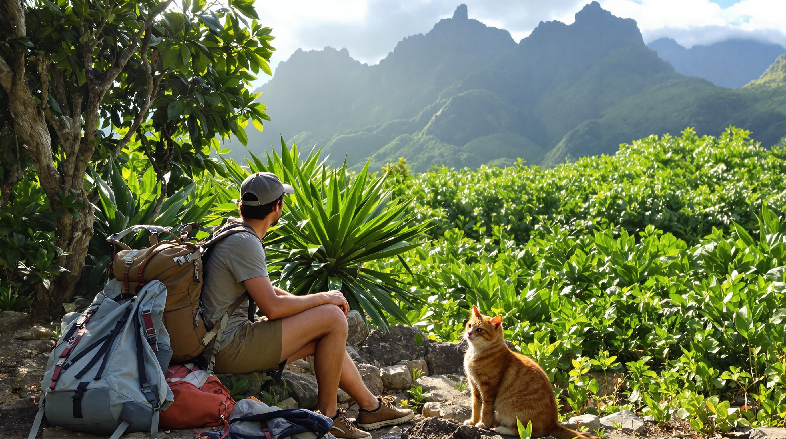 Voyageur avec son chat dans la nature sauvage de La Réunion