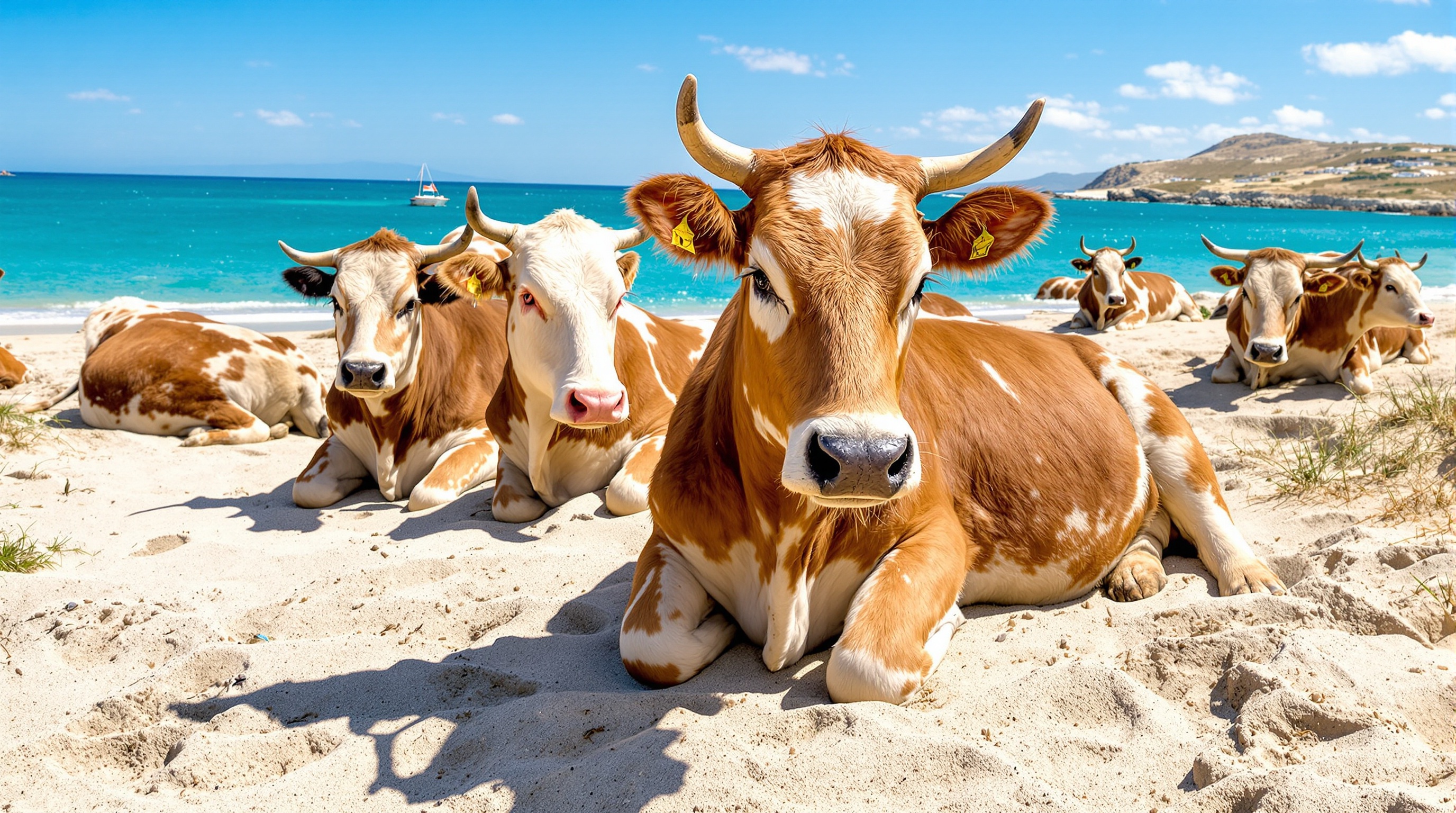 Image emblématique des vaches corses se prélassant tranquillement sur le sable de la plage de Tamarone, avec la mer en fond.