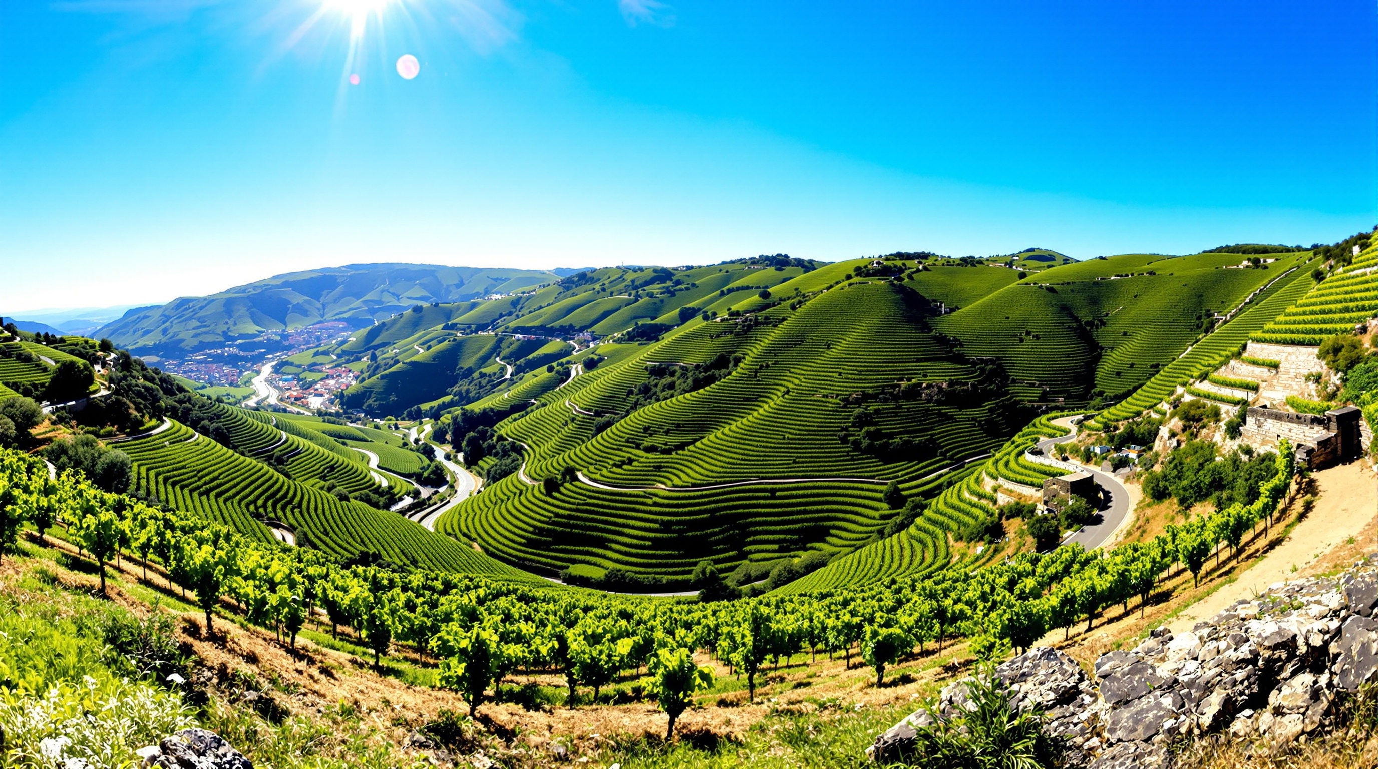 Vallée du Douro vignobles terrasses soleil voiture route libre