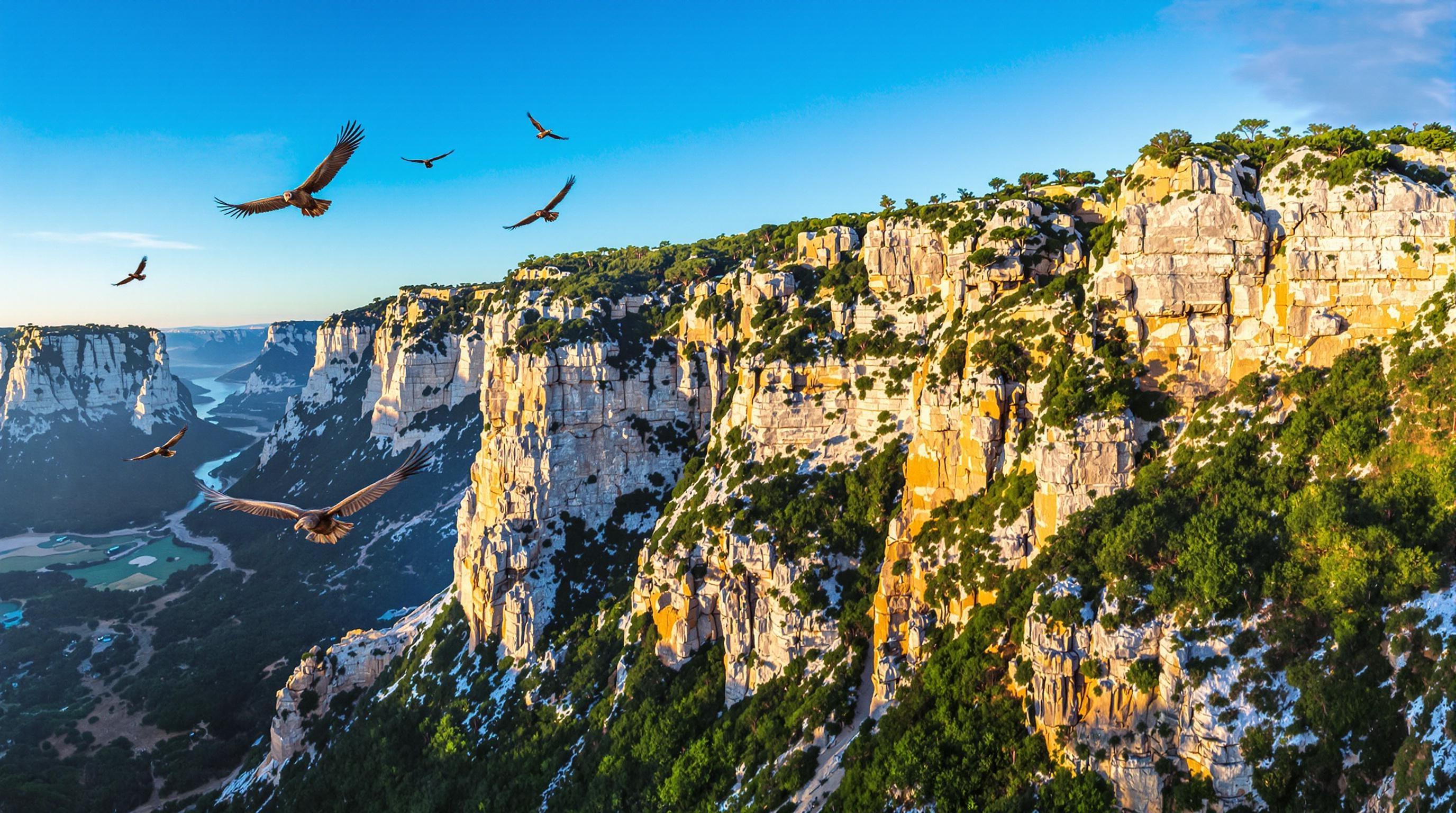 Vautours en vol au-dessus des falaises de Monfragüe