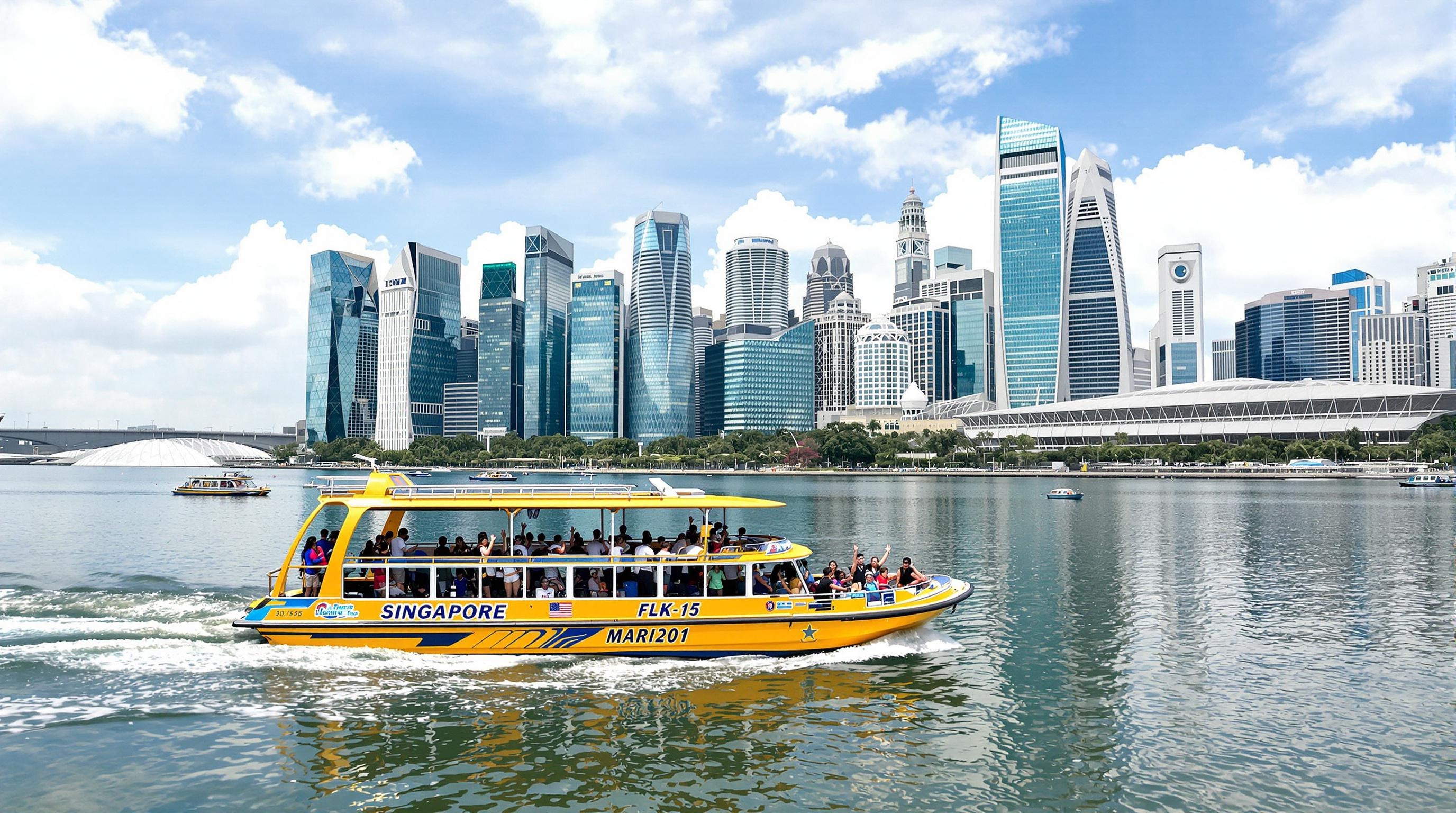 Véhicule amphibie traversant l'eau à Singapour.