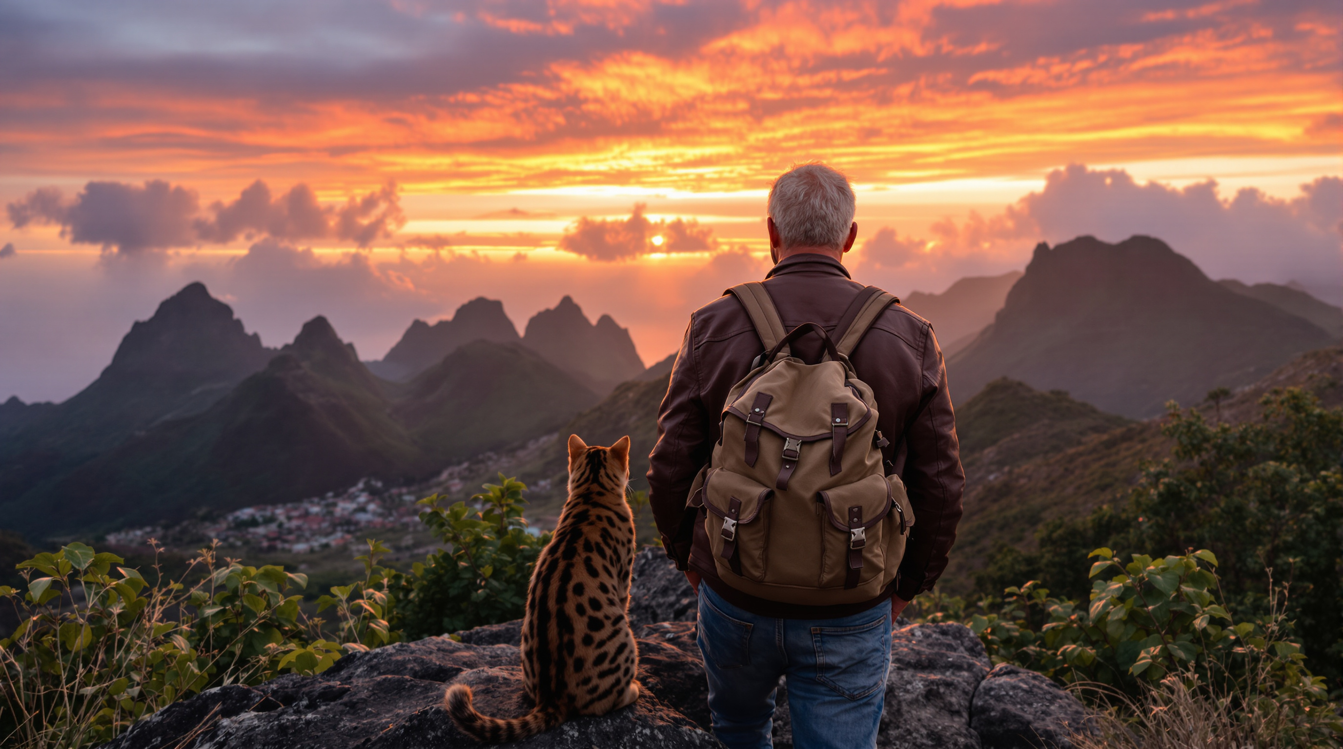 Victor Marleau, de dos, contemple le coucher de soleil au Maïdo avec Polux son chat Bengal.