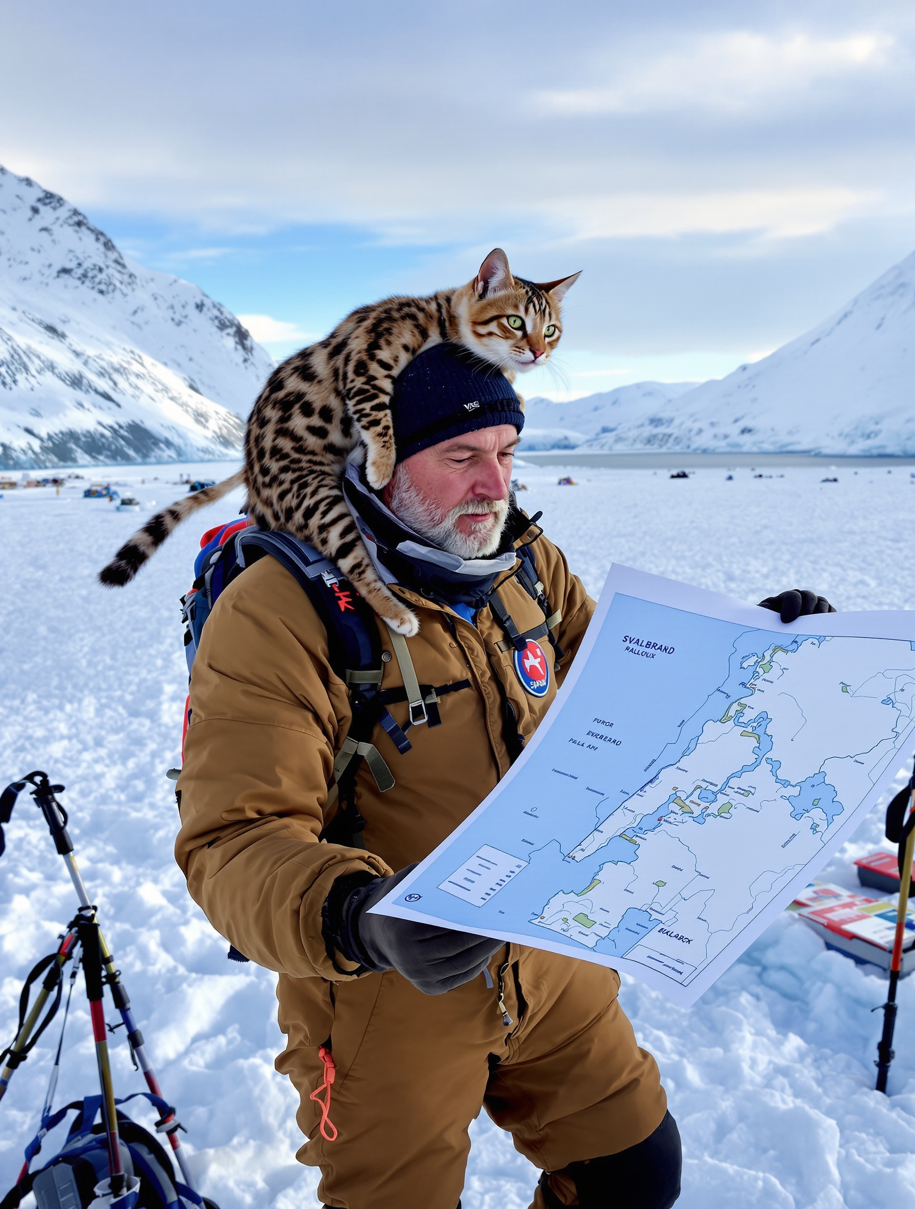Victor Marleau, baroudeur senior, consulte une carte du Svalbard près de son campement arctique, Polux le chat Bengal l'observe.