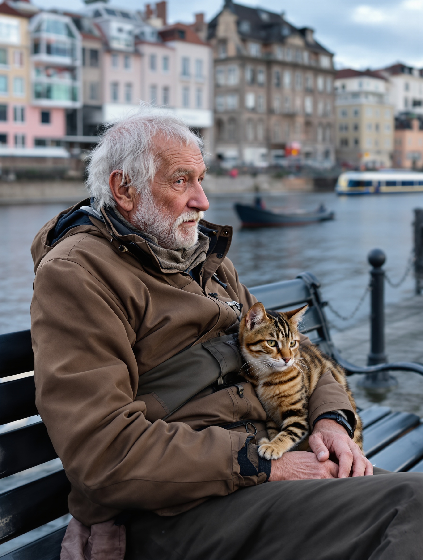 Victor Marleau et Polux sur un banc à Turku avec Helsinki en arrière-plan.