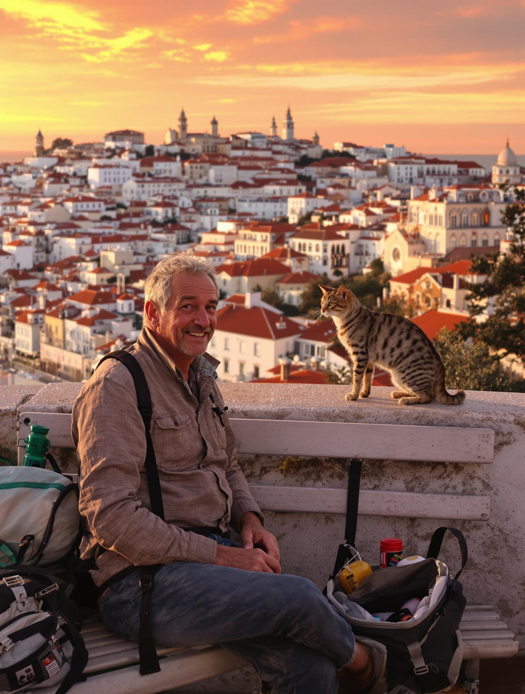 Victor Marleau et Polux le Bengal au miradouro de Lisbonne, sac à dos ouvert, complicité au coucher du soleil.