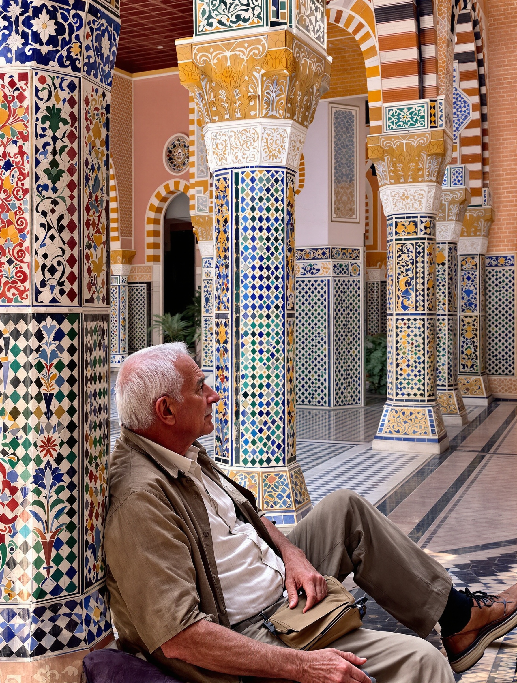 Vieil homme voyageur assis dans le patio du Palais Dar Mnebhi entouré de zelliges