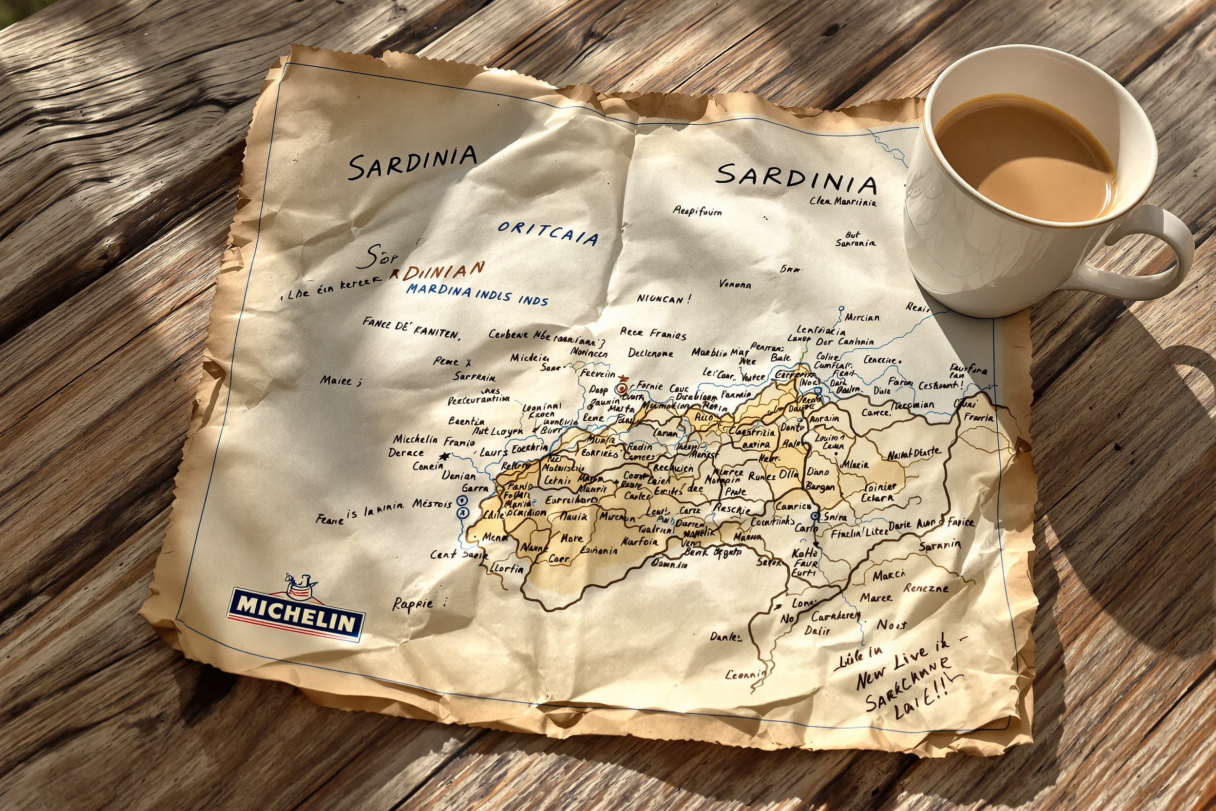 Vieille carte Michelin Sardaigne cornée et annotée au stylo par un berger sarde.