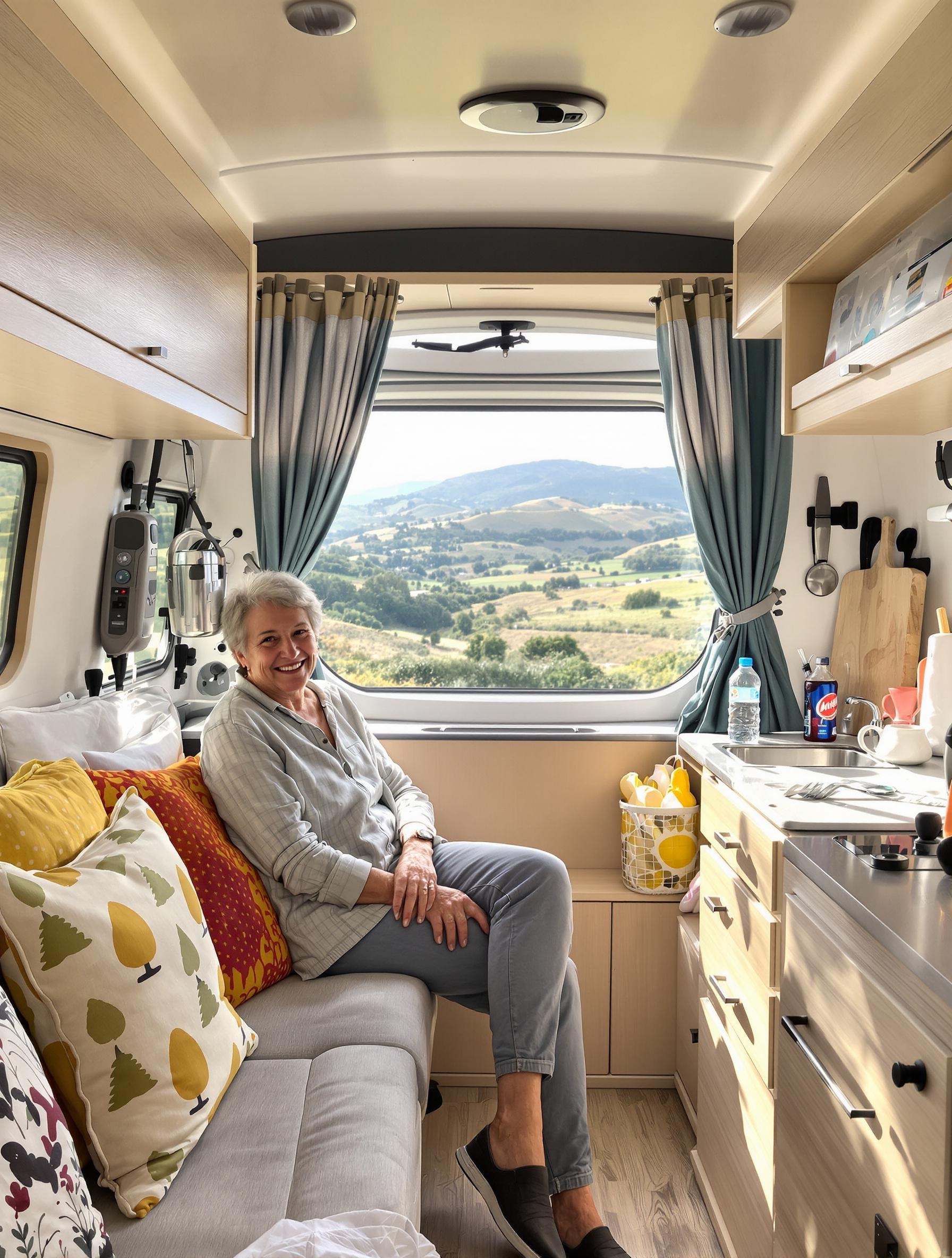 Vieille dame souriante installée à l'intérieur d'un van moderne avec vue sur la campagne sicilienne