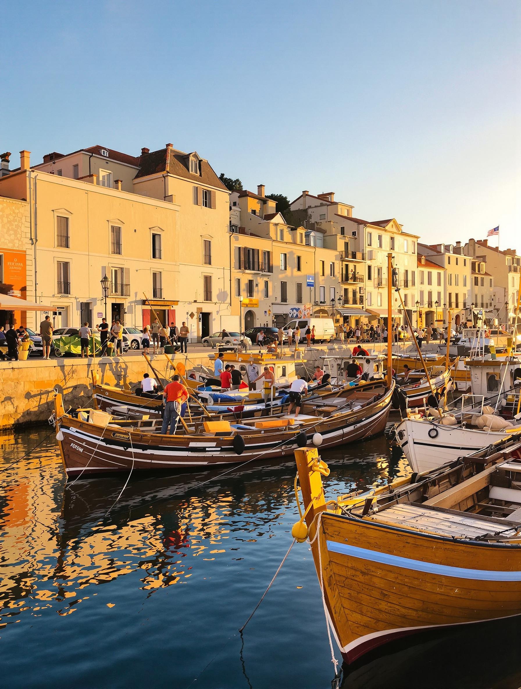 Ambiance matinale au Vieux-Port de La Ciotat avec les pointus traditionnels amarrés, pêcheurs ciotadiens et lumière dorée.