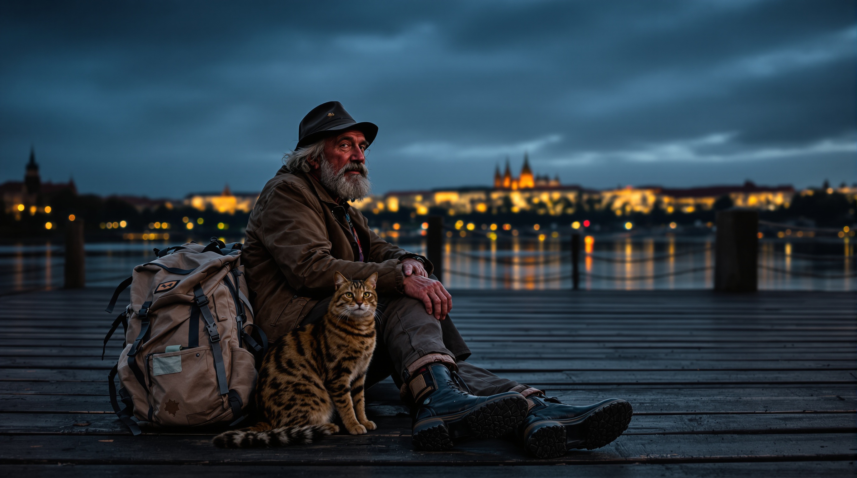 Un vieux baroudeur et son chat Bengal face à la Vltava au crépuscule, Prague en toile de fond.