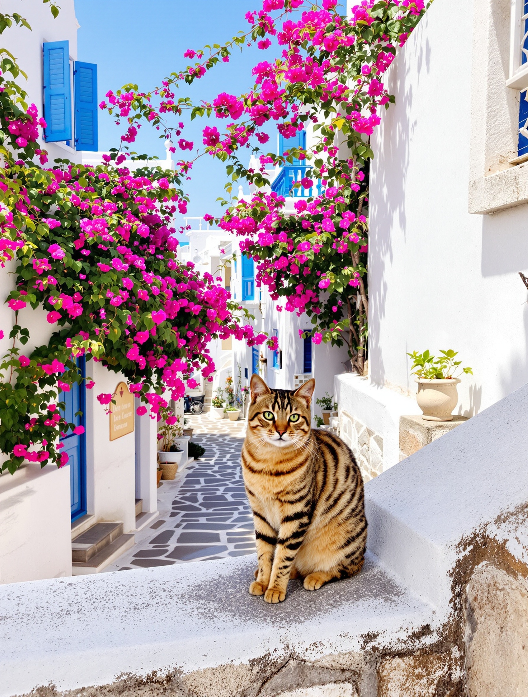 Vue authentique d'un village côtier égéen avec Polux le chat sur un muret