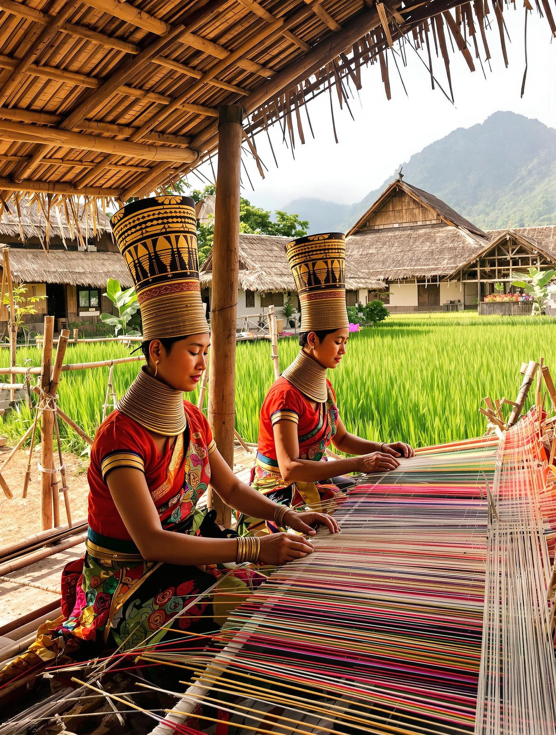 Village Kayan à Mae Hong Son, femmes long cou tissant.