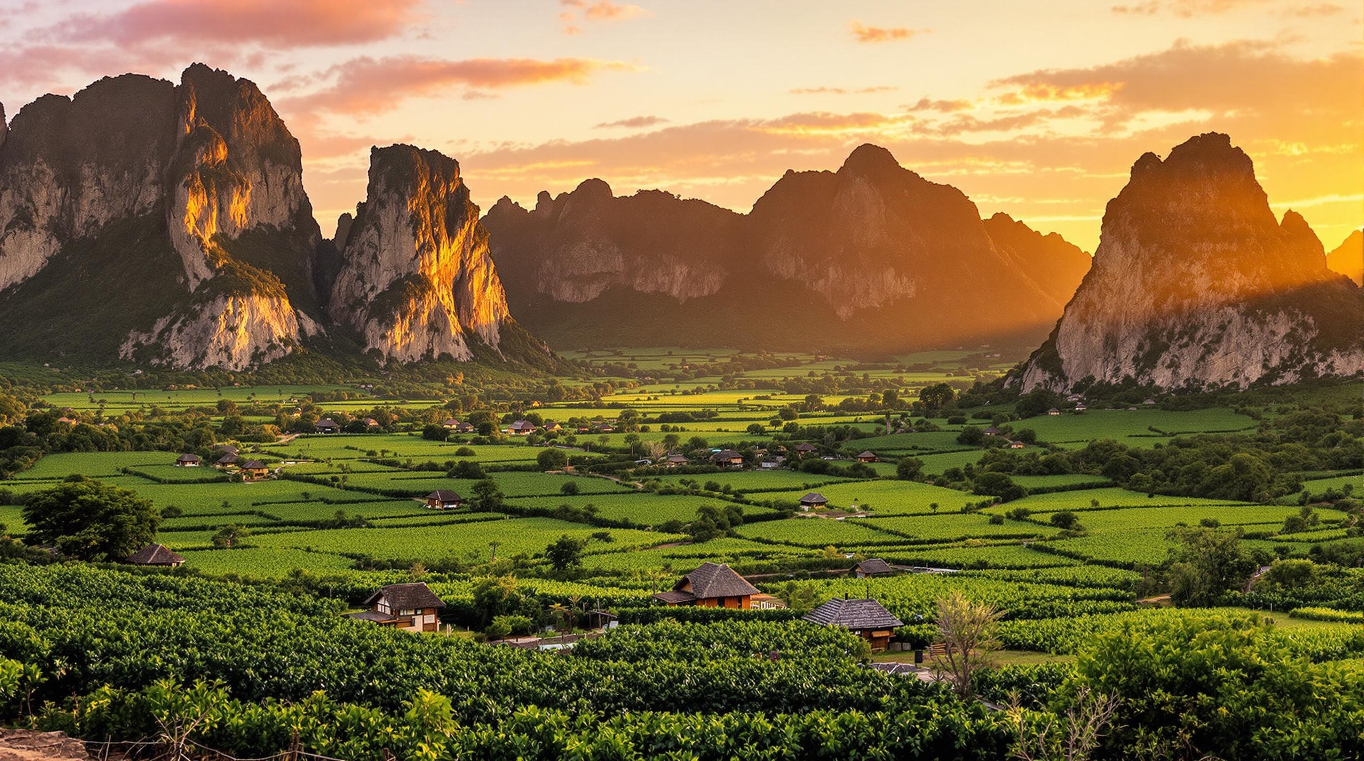 Vue panoramique de la vallée de Viñales avec des mogotes majestueux au coucher du soleil