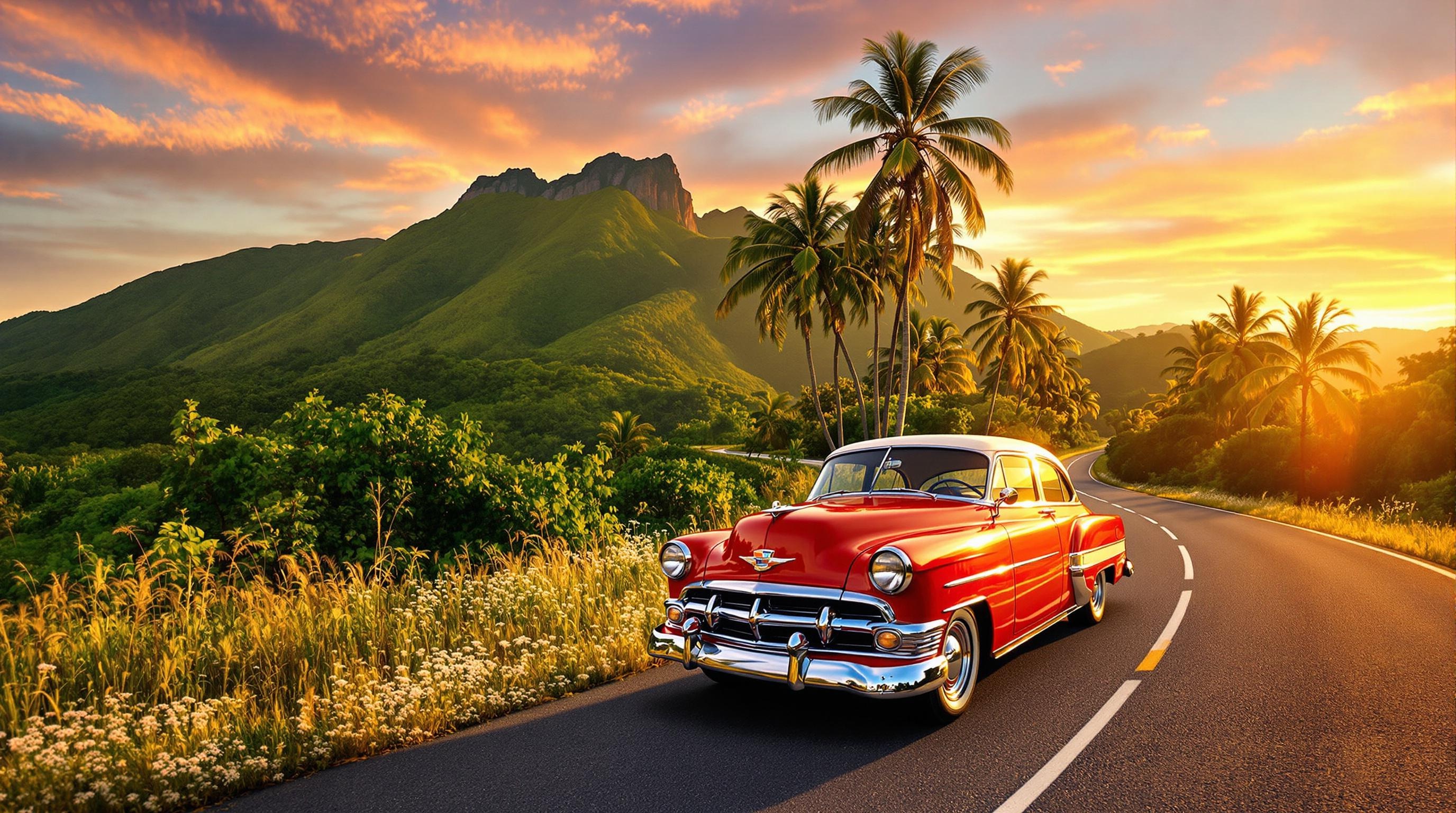 Voiture vintage cubaine sur une route panoramique au coucher du soleil