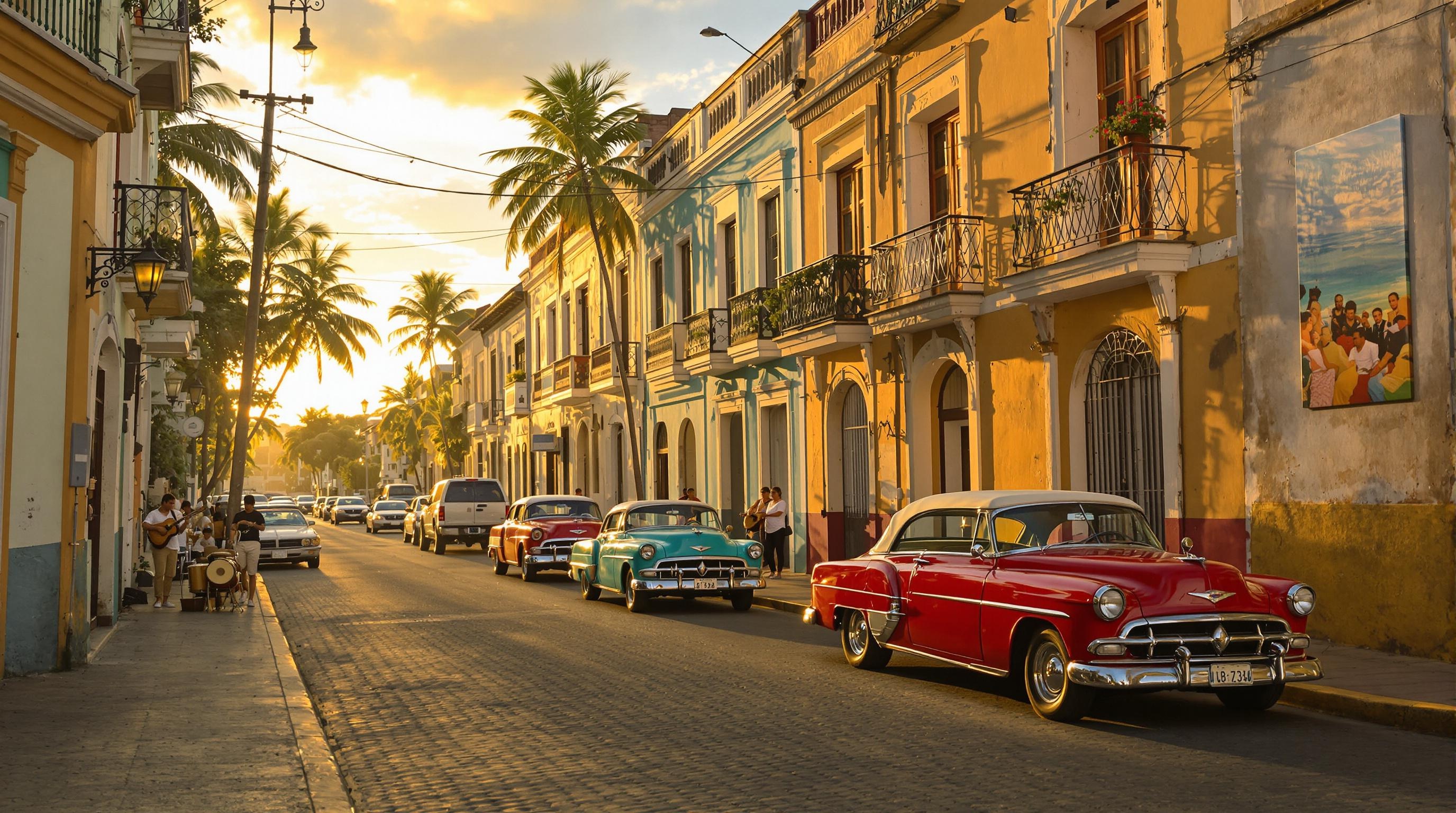 Scène de rue cubaine vintage avec des voitures classiques et des musiciens locaux