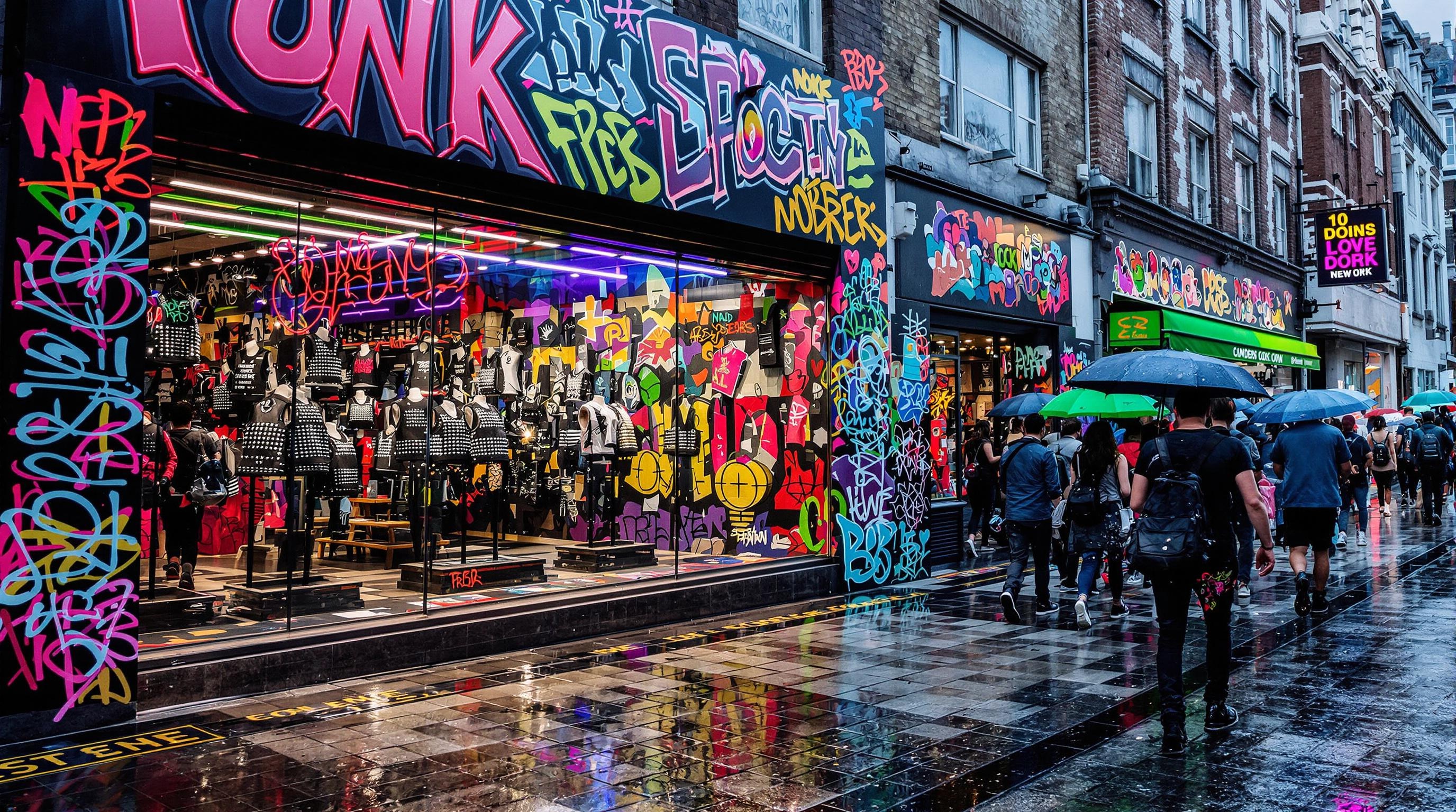 Vitrine punk à Camden Lock avec gilets cloutés et graffitis multicolores.