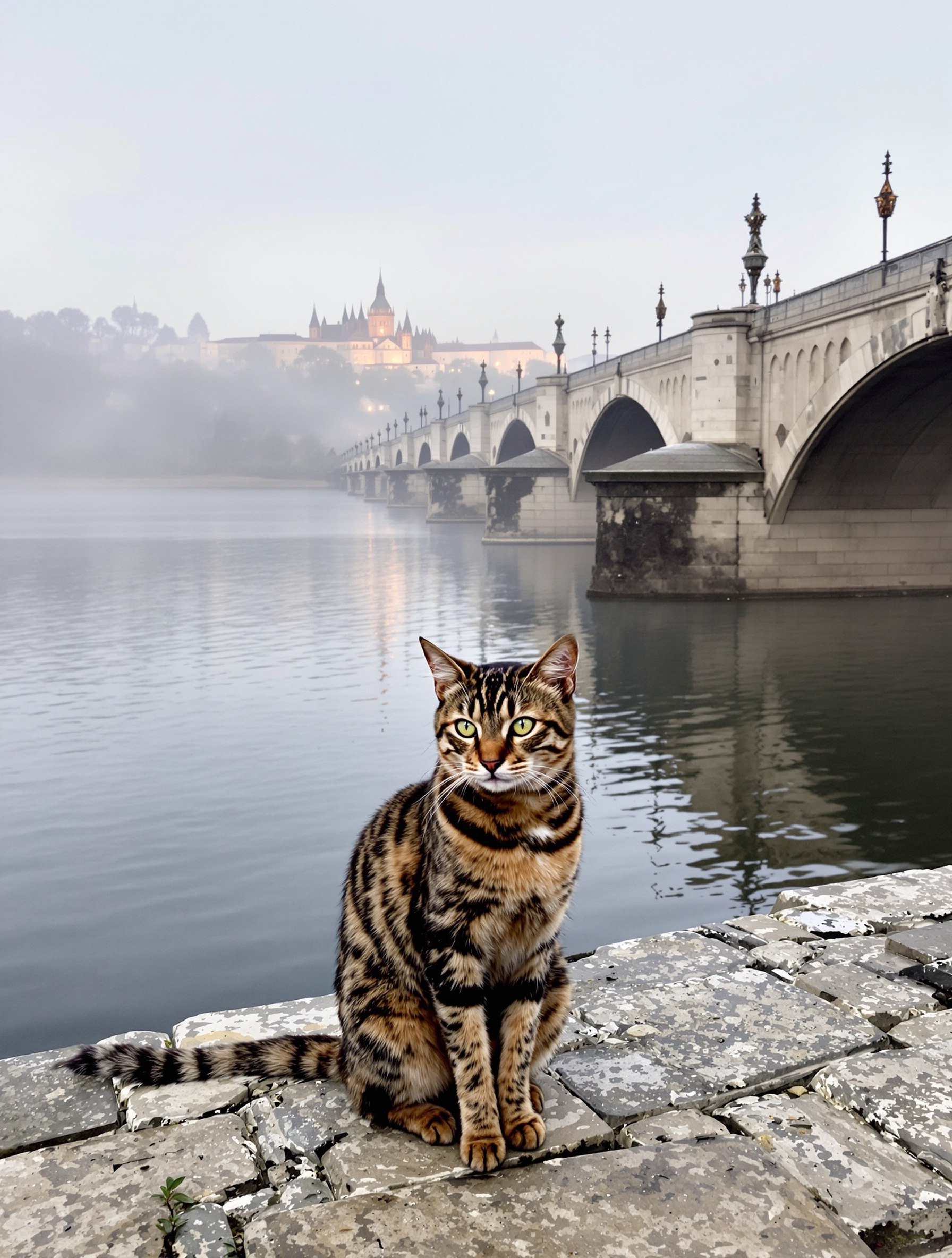 Matin brumeux sur la Vltava avec le pont Charles et un chat Bengal
