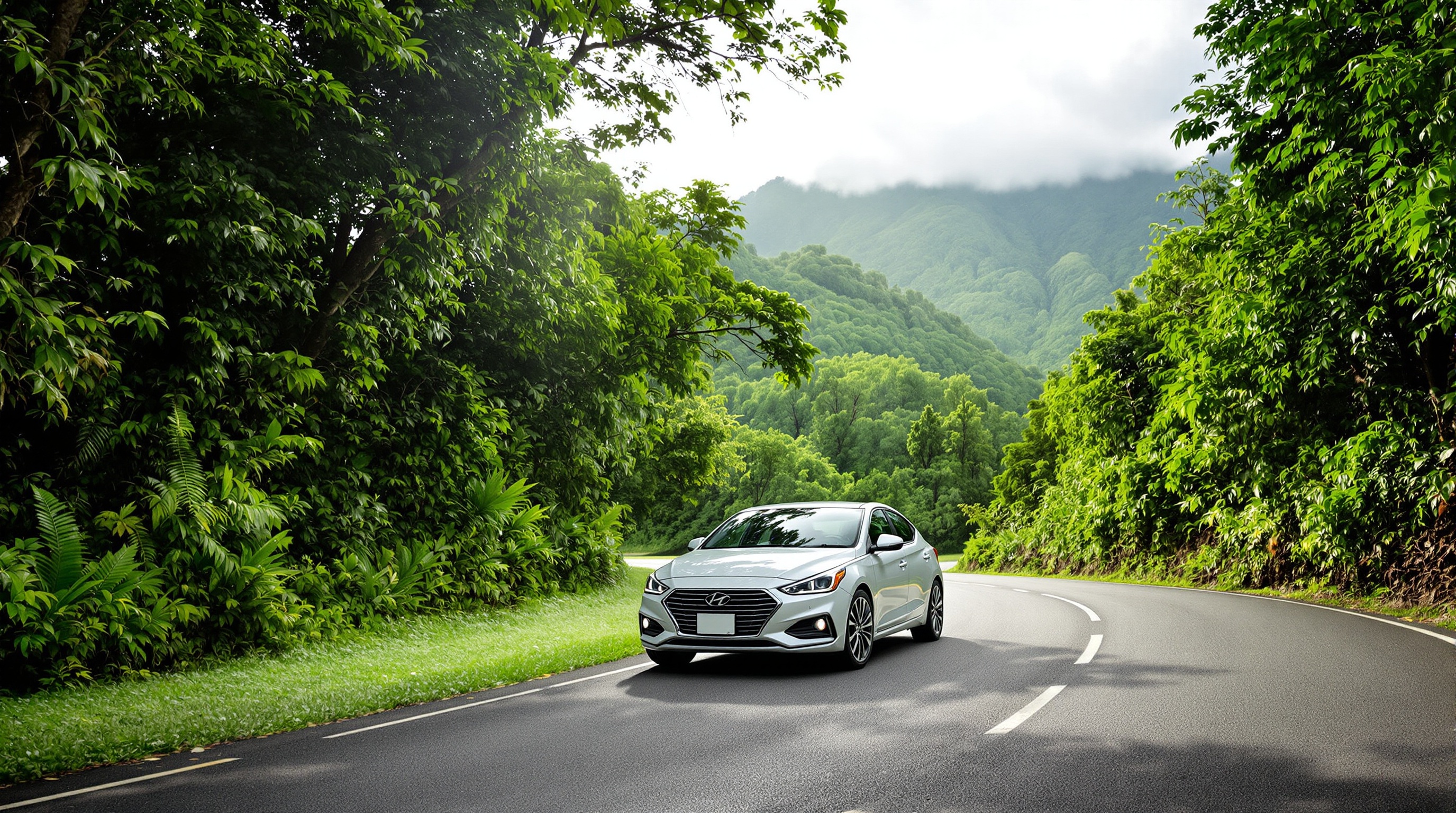 Voiture de location sur route tropicale en Martinique, ambiance aventure