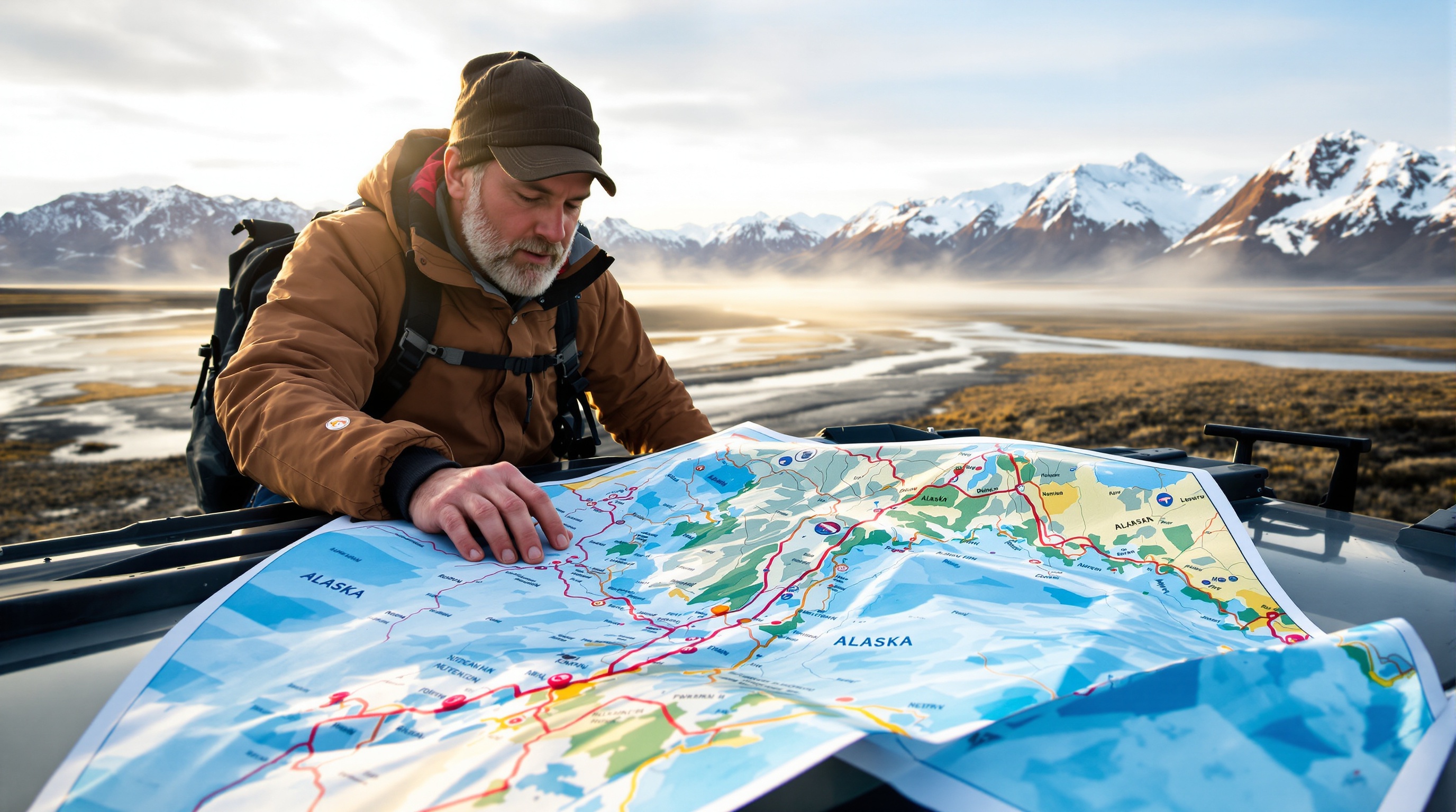 Voyageur étudiant une carte de l'Alaska au cœur de la toundra sauvage