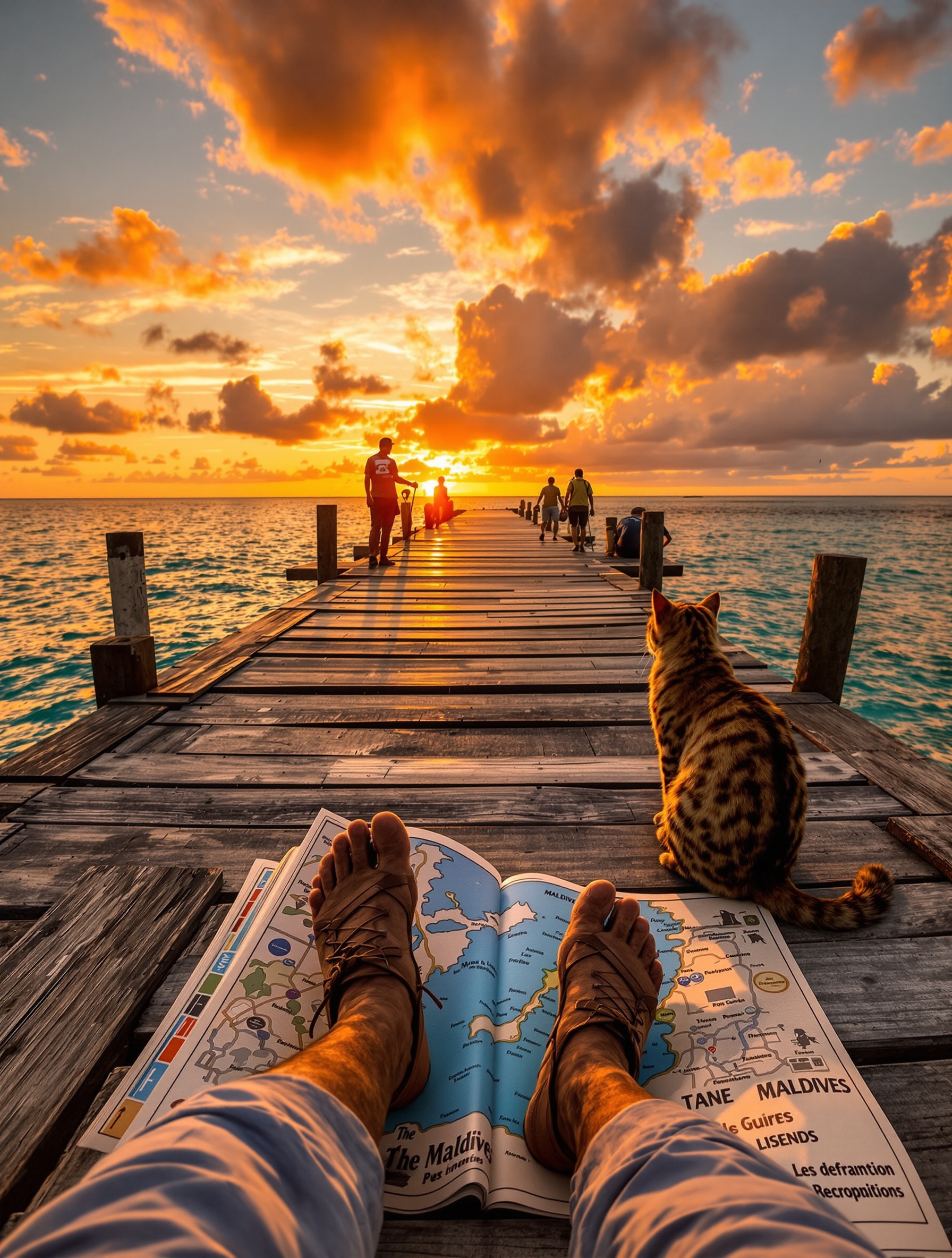 Les pieds d'un voyageur sur un ponton face à l'océan Indien au coucher du soleil avec une carte des Maldives posée à côté.
