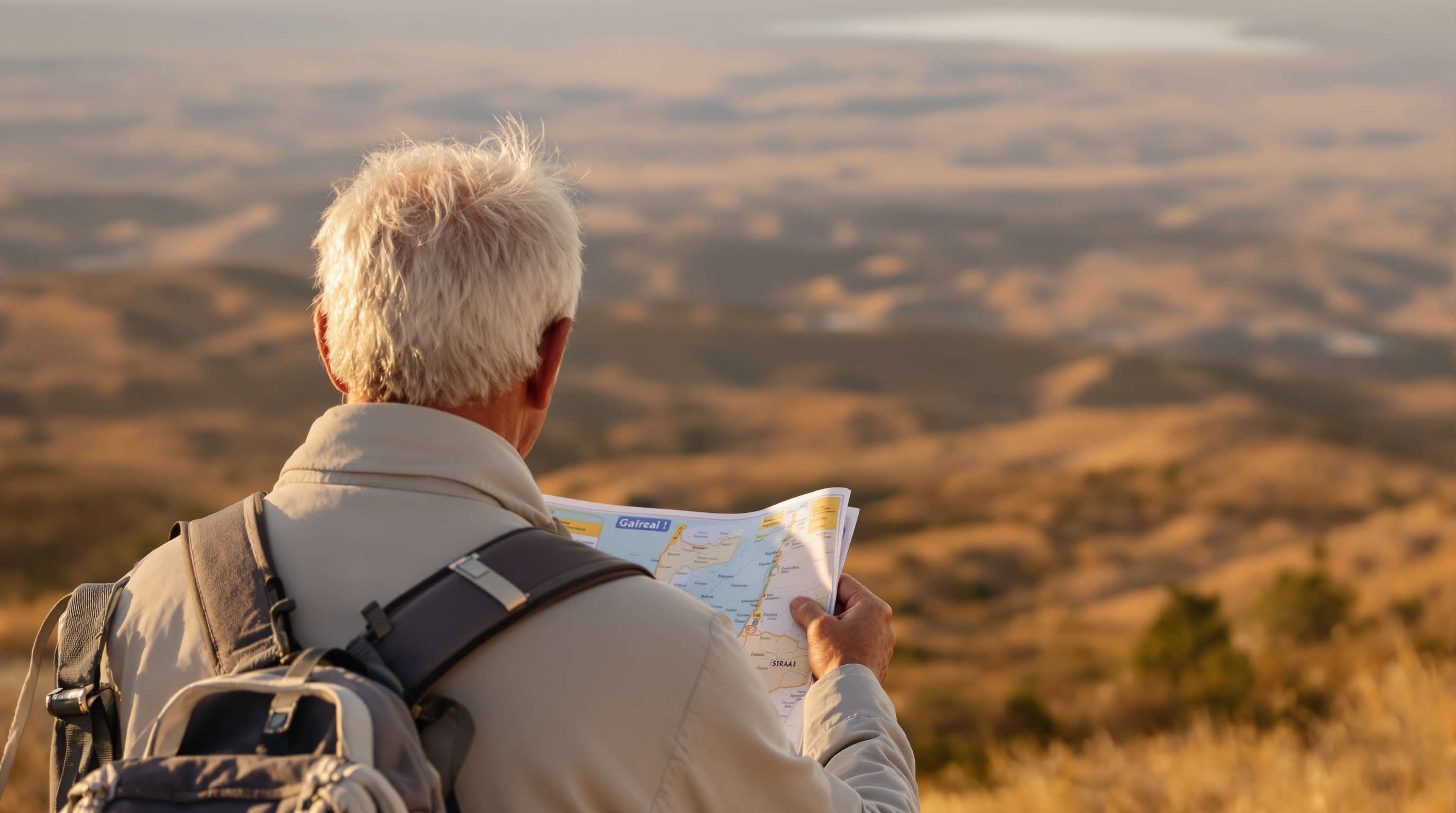 Voyageur senior consultant une carte papier devant un paysage d’Israël