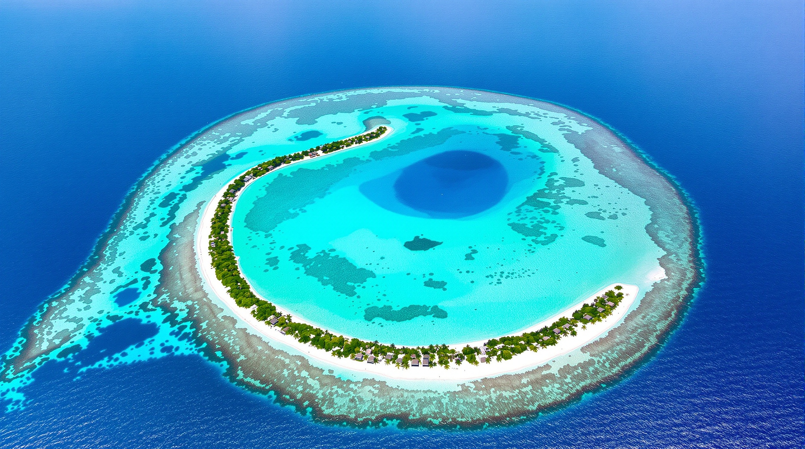 Vue aérienne d’un atoll maldivien avec lagon turquoise et îlots